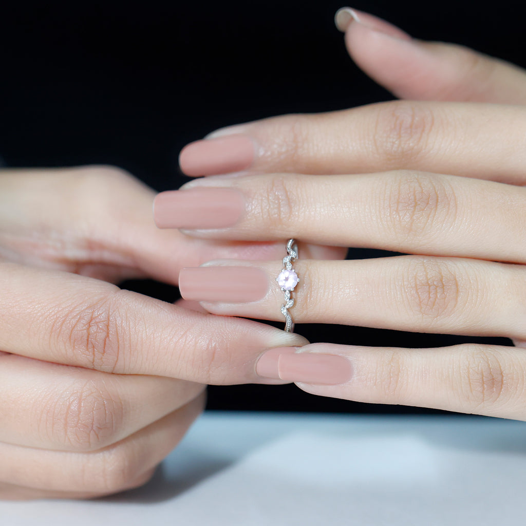 Rose Quartz and Diamond Leaf Promise Ring with Beaded Detailing Rose Quartz - ( AAA ) - Quality - Rosec Jewels
