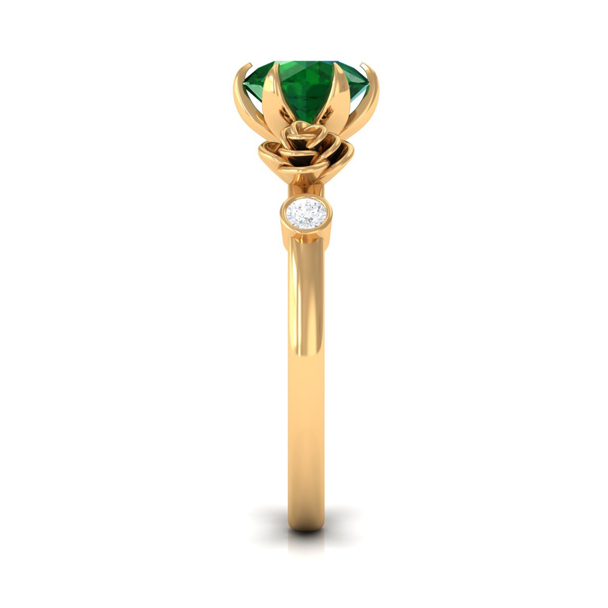 2.5 CT Solitaire Created Emerald Flower Ring with Diamond Lab Created Emerald - ( AAAA ) - Quality - Rosec Jewels