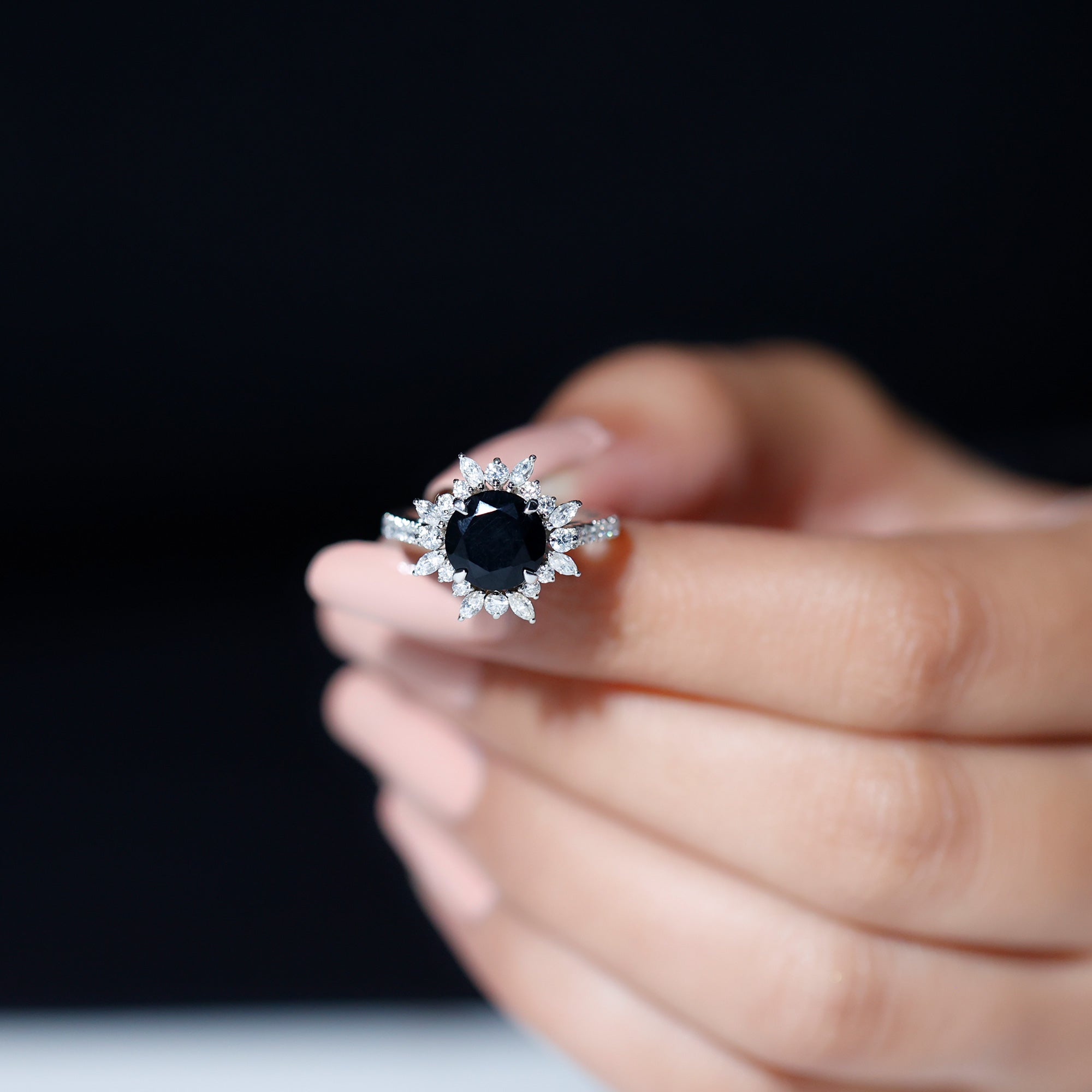 3 CT Round Black Onyx Statement Ring with Moissanite Floral Halo Black Onyx - ( AAA ) - Quality - Rosec Jewels
