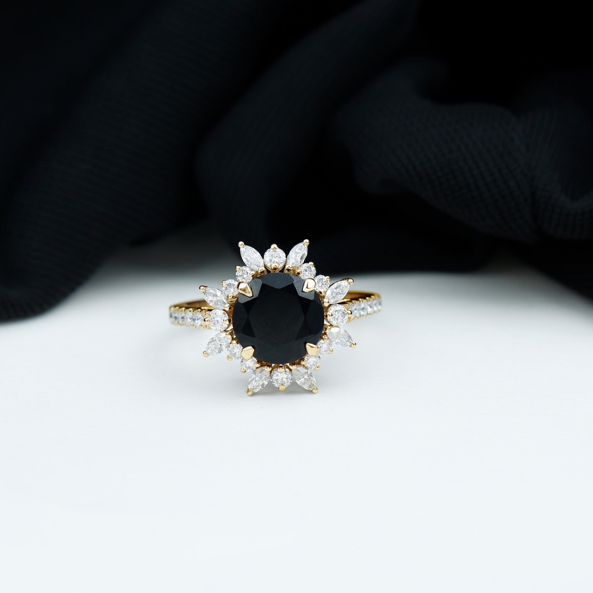 3 CT Round Black Onyx Statement Ring with Moissanite Floral Halo Black Onyx - ( AAA ) - Quality - Rosec Jewels