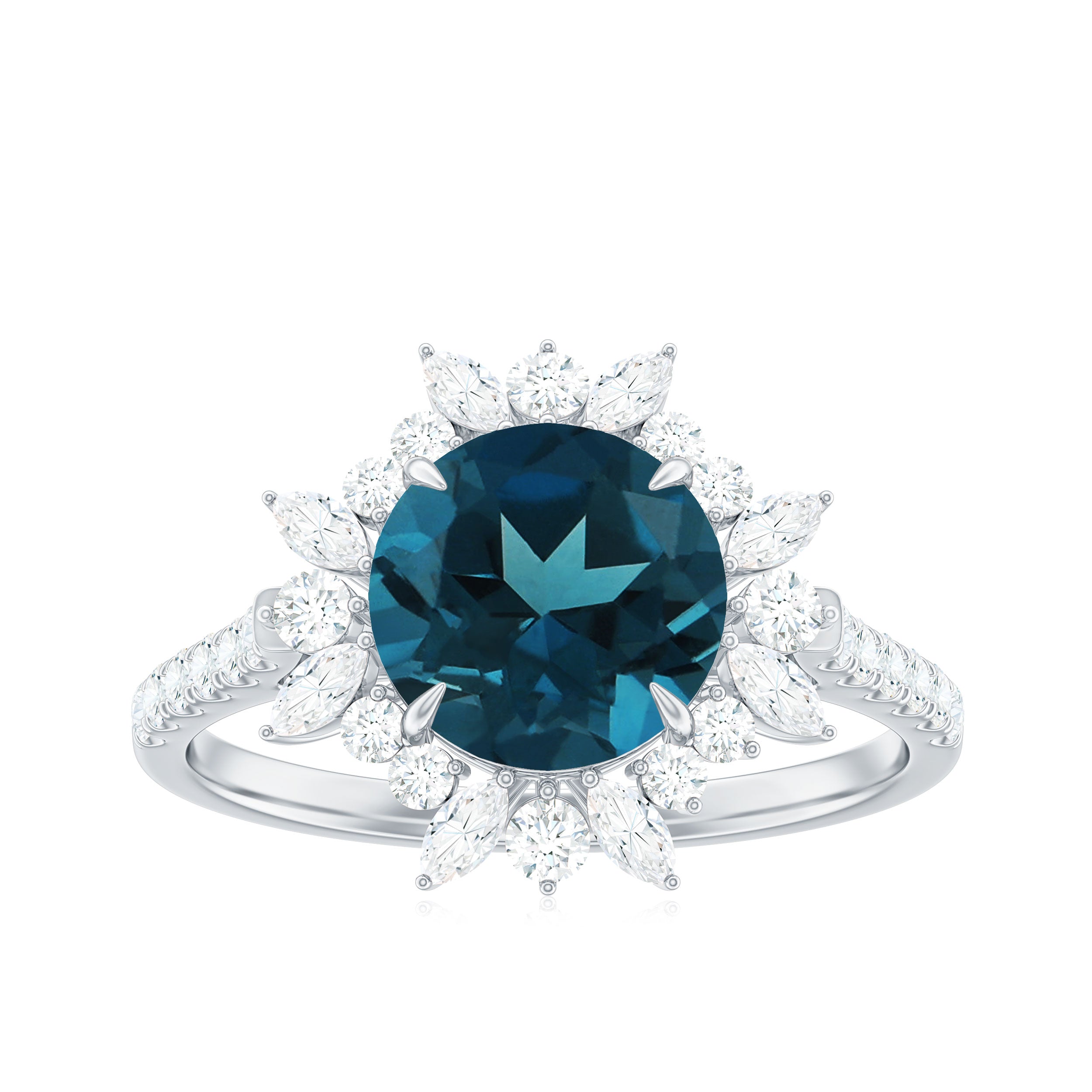 3 CT London Blue Topaz Cocktail Ring with Diamond Floral Halo London Blue Topaz - ( AAA ) - Quality - Rosec Jewels