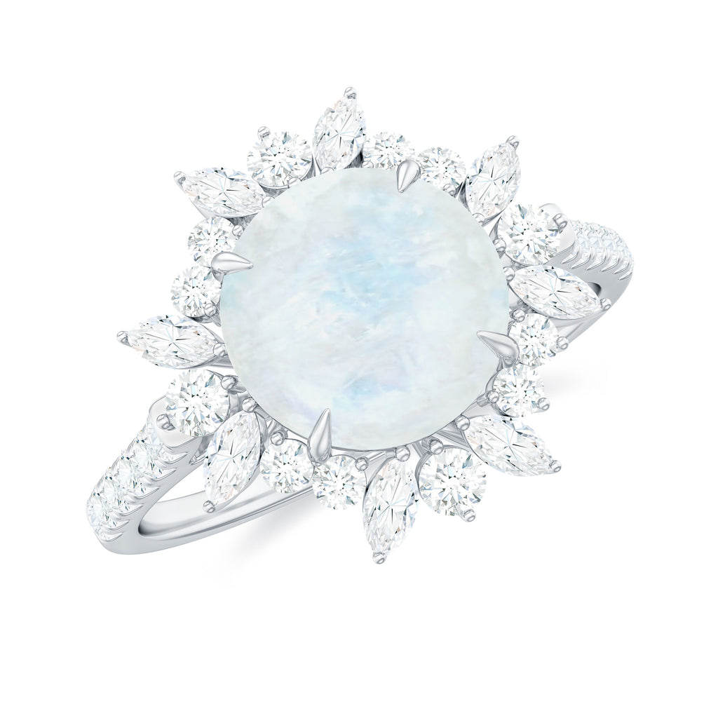 Round Moonstone Statement Ring with Moissanite Floral Halo Moonstone - ( AAA ) - Quality - Rosec Jewels