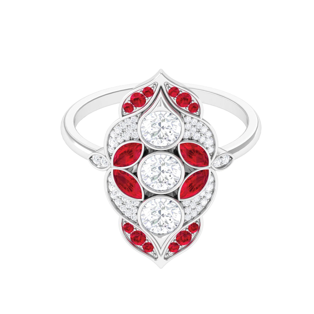Lab Grown Ruby Cocktail Engagement Ring with Moissanite Lab Created Ruby - ( AAAA ) - Quality - Rosec Jewels
