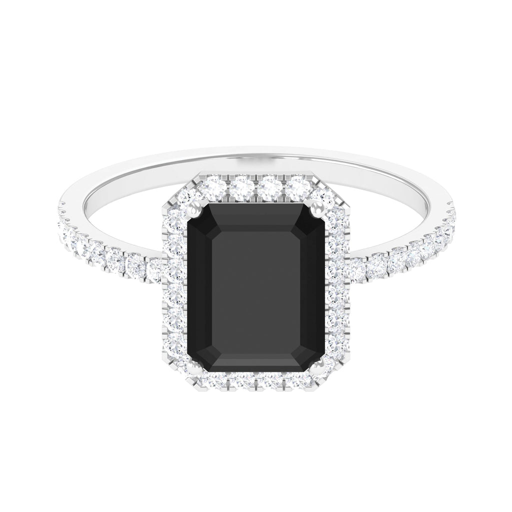 Emerald Cut Black Onyx Halo Engagement Ring with Diamond Black Onyx - ( AAA ) - Quality - Rosec Jewels
