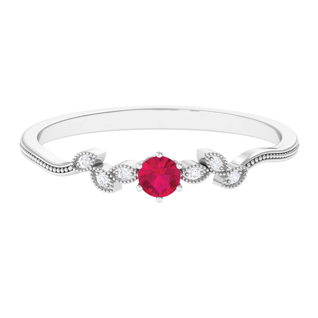 Leaf Inspired Ruby Solitaire Promise Ring with Diamond Ruby - ( AAA ) - Quality - Rosec Jewels