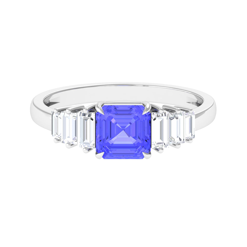 Asscher Cut Tanzanite Designer Engagement Ring with Baguette Moissanite Tanzanite - ( AAA ) - Quality - Rosec Jewels