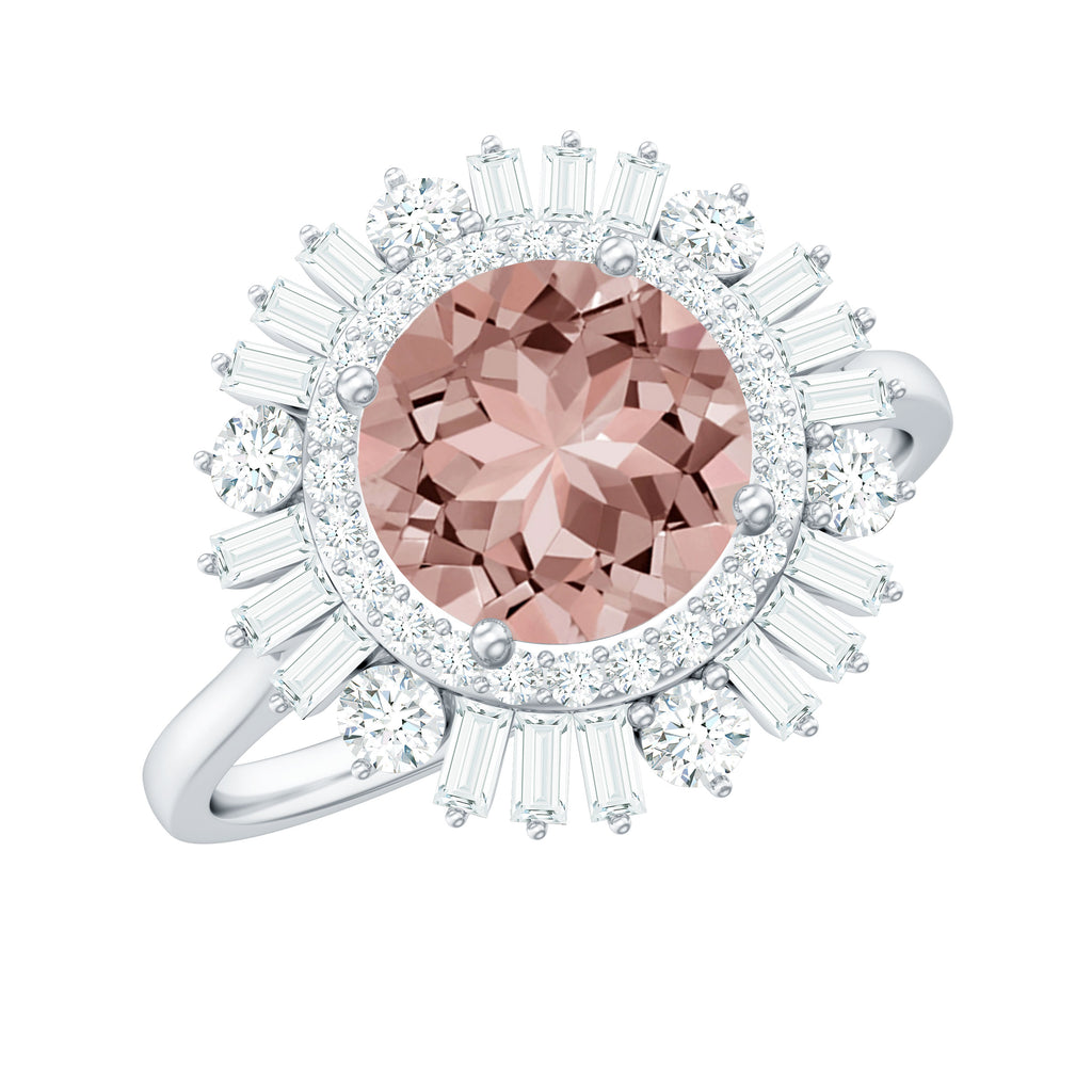 Round Morganite Cocktail Ring with Moissanite Double Halo Morganite - ( AAA ) - Quality - Rosec Jewels