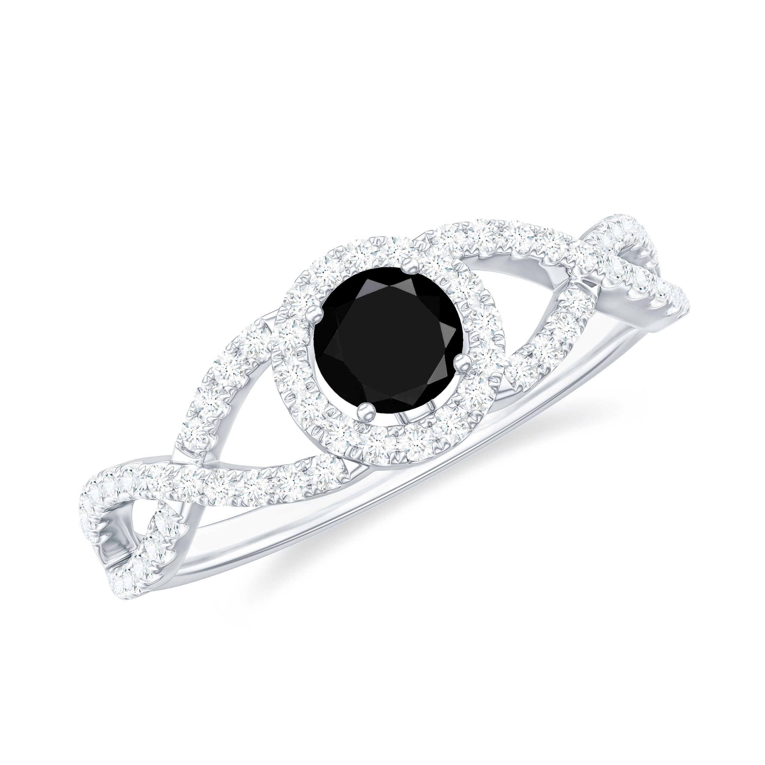 Criss Cross Shank Black Onyx and Diamond Halo Engagement Ring Black Onyx - ( AAA ) - Quality - Rosec Jewels