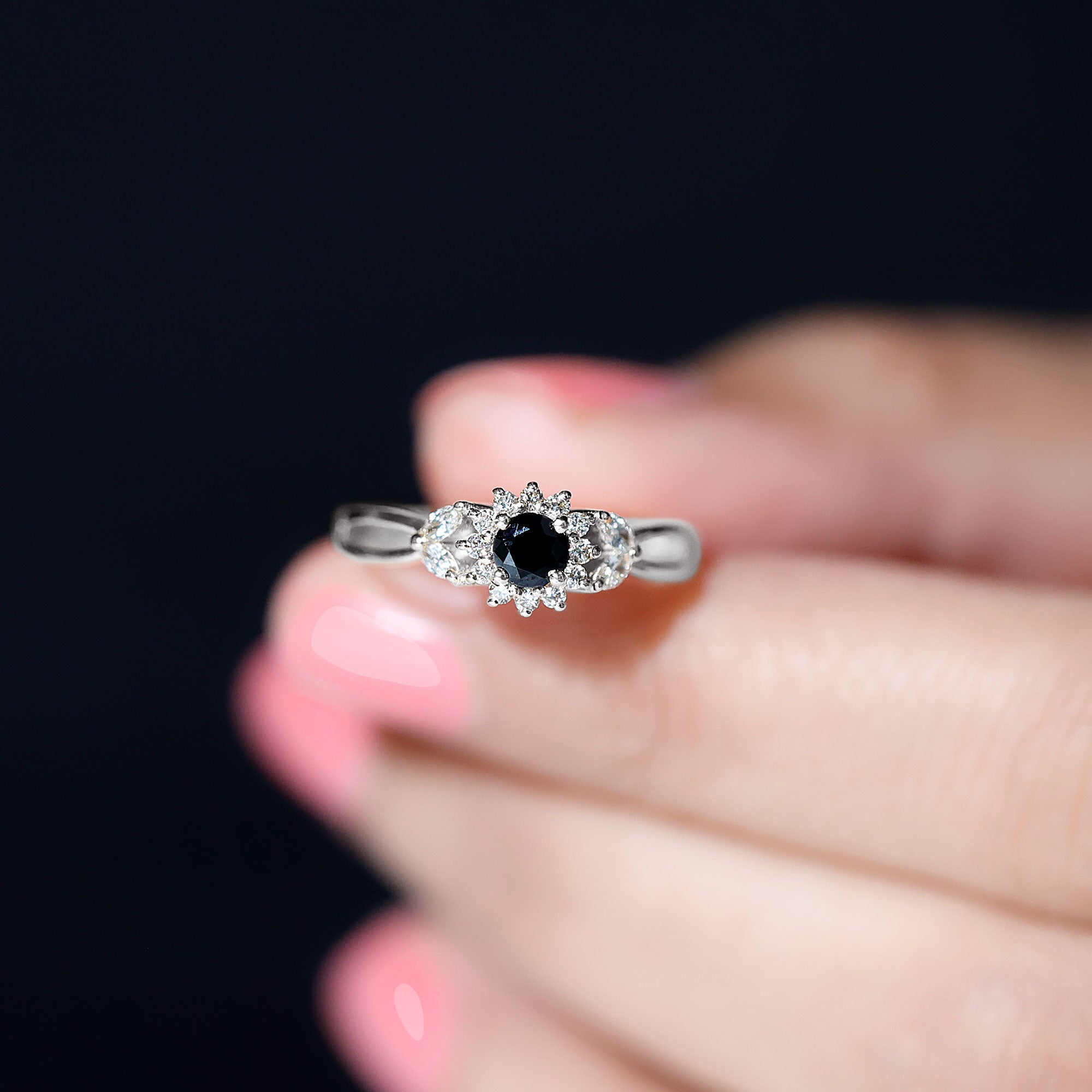 Split Shank Created Black Diamond Flower Ring with Diamond Accent Lab Created Black Diamond - ( AAAA ) - Quality - Rosec Jewels