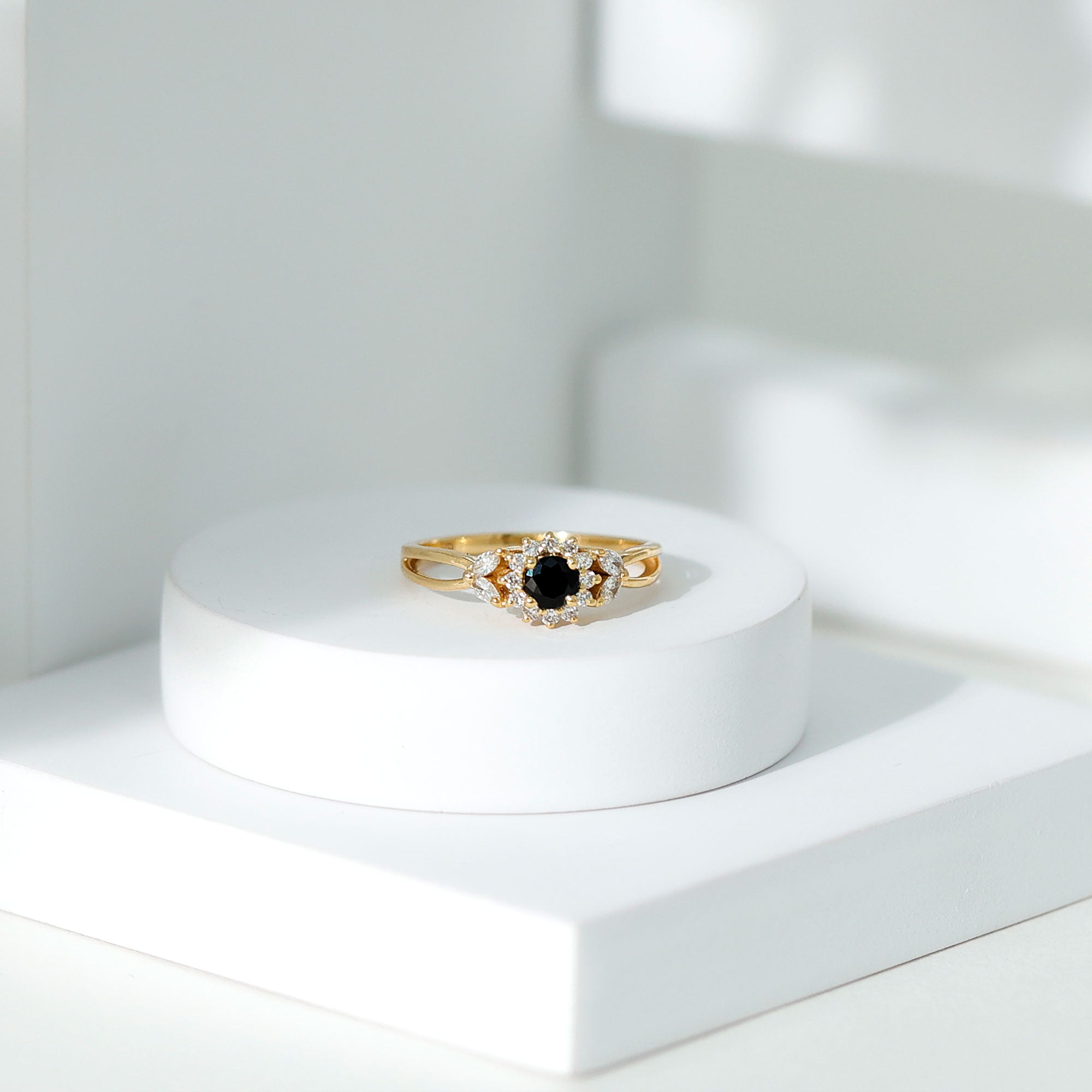 Split Shank Created Black Diamond Flower Ring with Diamond Accent Lab Created Black Diamond - ( AAAA ) - Quality - Rosec Jewels