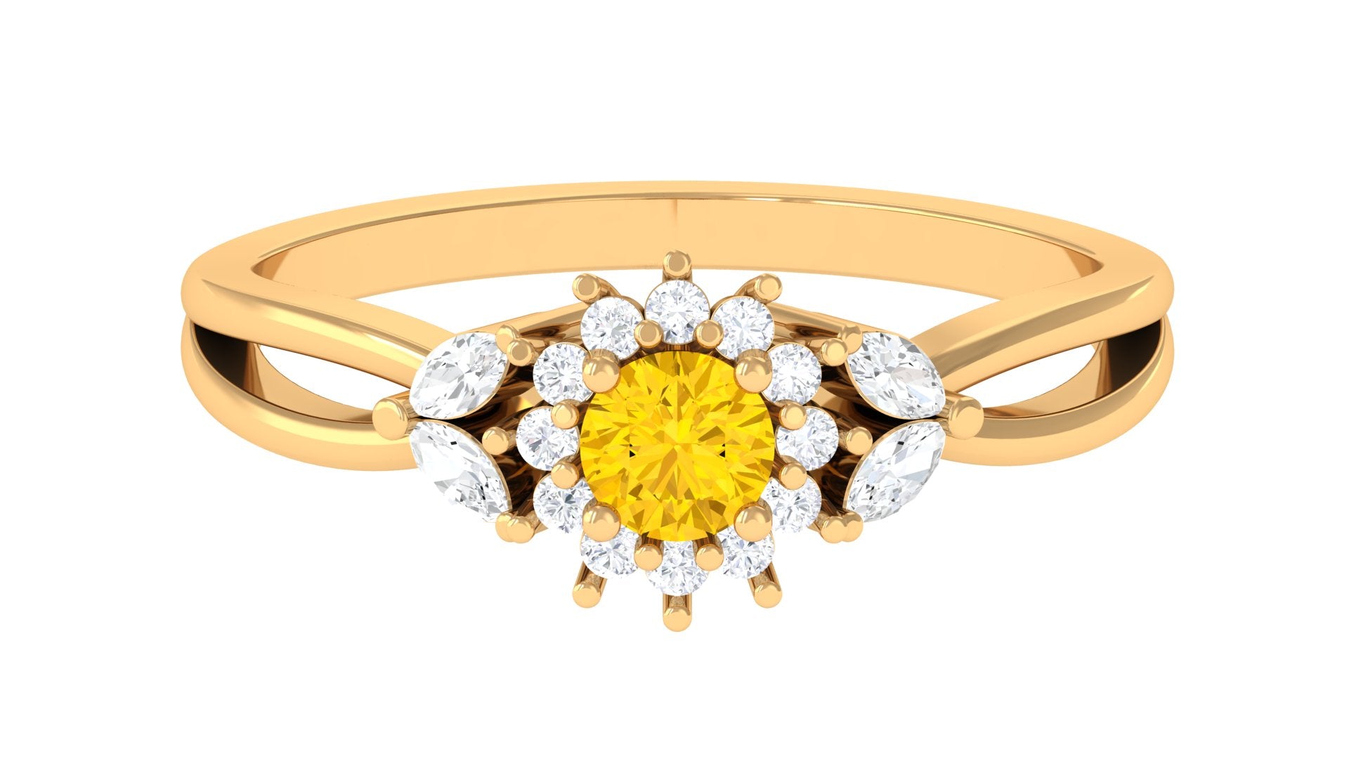 Split Shank Yellow Sapphire Flower Engagement Ring with Diamond Yellow Sapphire - ( AAA ) - Quality - Rosec Jewels