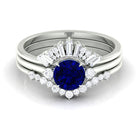 Round Created Blue Sapphire Designer Trio Wedding Ring Set with Diamond Lab Created Blue Sapphire - ( AAAA ) - Quality - Rosec Jewels