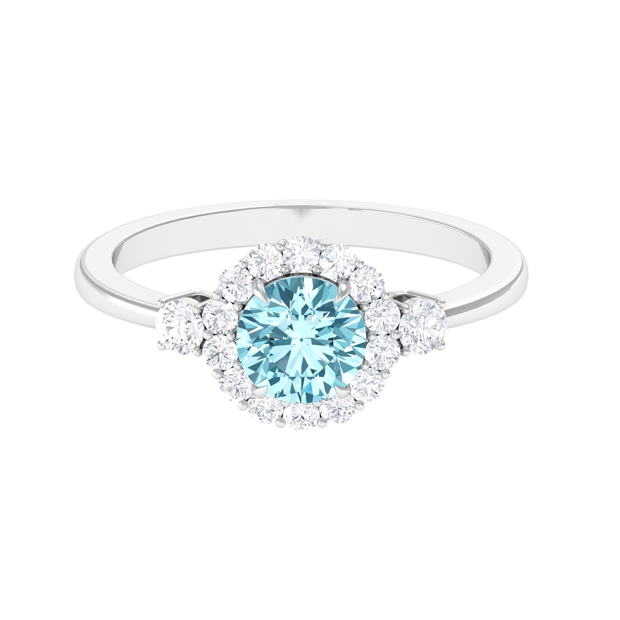 Classic Aquamarine Engagement Ring with Diamond Halo Aquamarine - ( AAA ) - Quality - Rosec Jewels