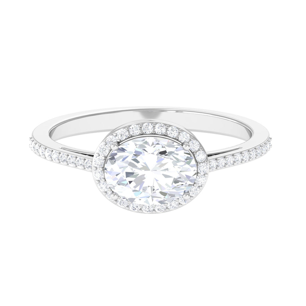 Oval Moissanite East West Engagement Ring with Halo Moissanite - ( D-VS1 ) - Color and Clarity - Rosec Jewels
