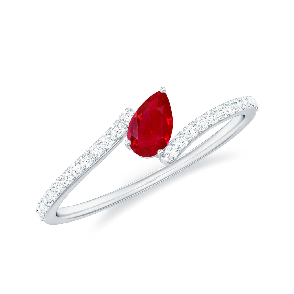 Tilted Pear Shape Ruby and Diamond Bypass Promise Ring Ruby - ( AAA ) - Quality - Rosec Jewels