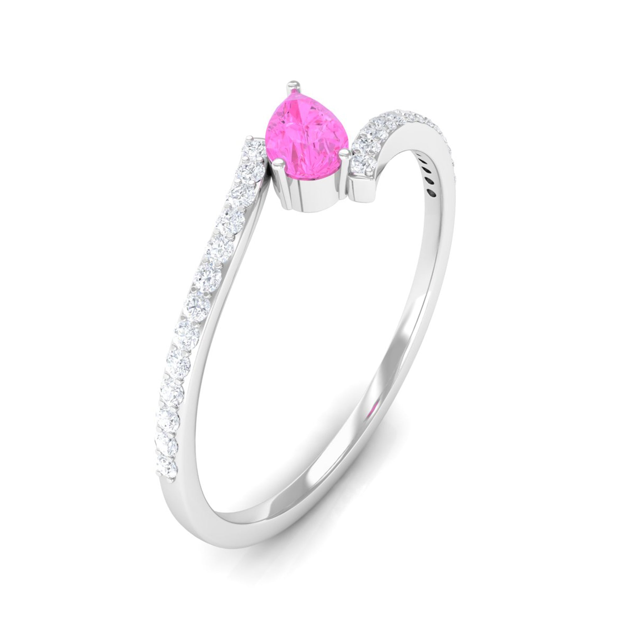 Tilted Pear Shape Pink Sapphire and Diamond Bypass Promise Ring Pink Sapphire - ( AAA ) - Quality - Rosec Jewels