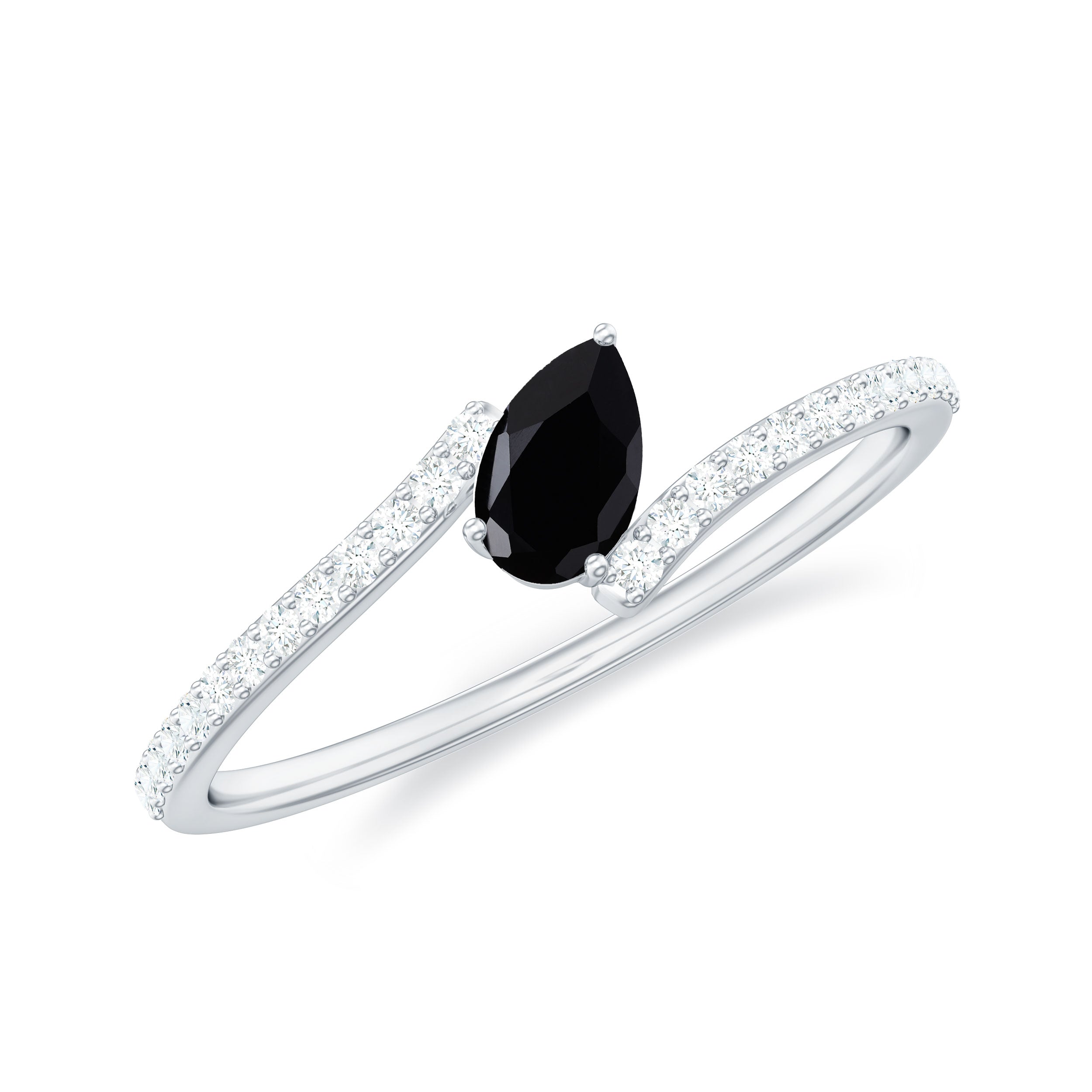 Tilted Pear Shape Black Onyx and Diamond Bypass Promise Ring Black Onyx - ( AAA ) - Quality - Rosec Jewels