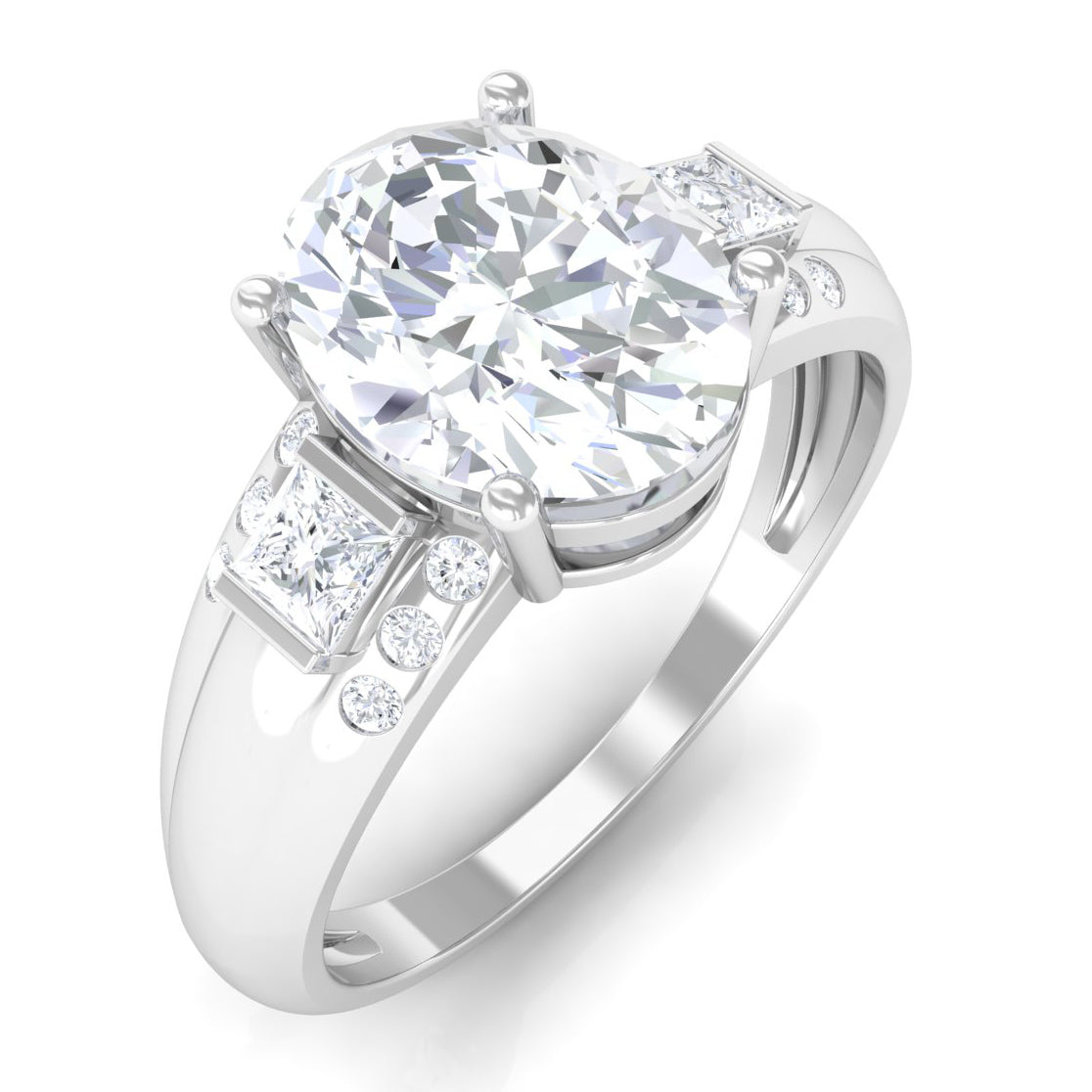 Oval Cut Moissanite Solitaire Statement Engagement Ring with Accent Moissanite - ( D-VS1 ) - Color and Clarity - Rosec Jewels
