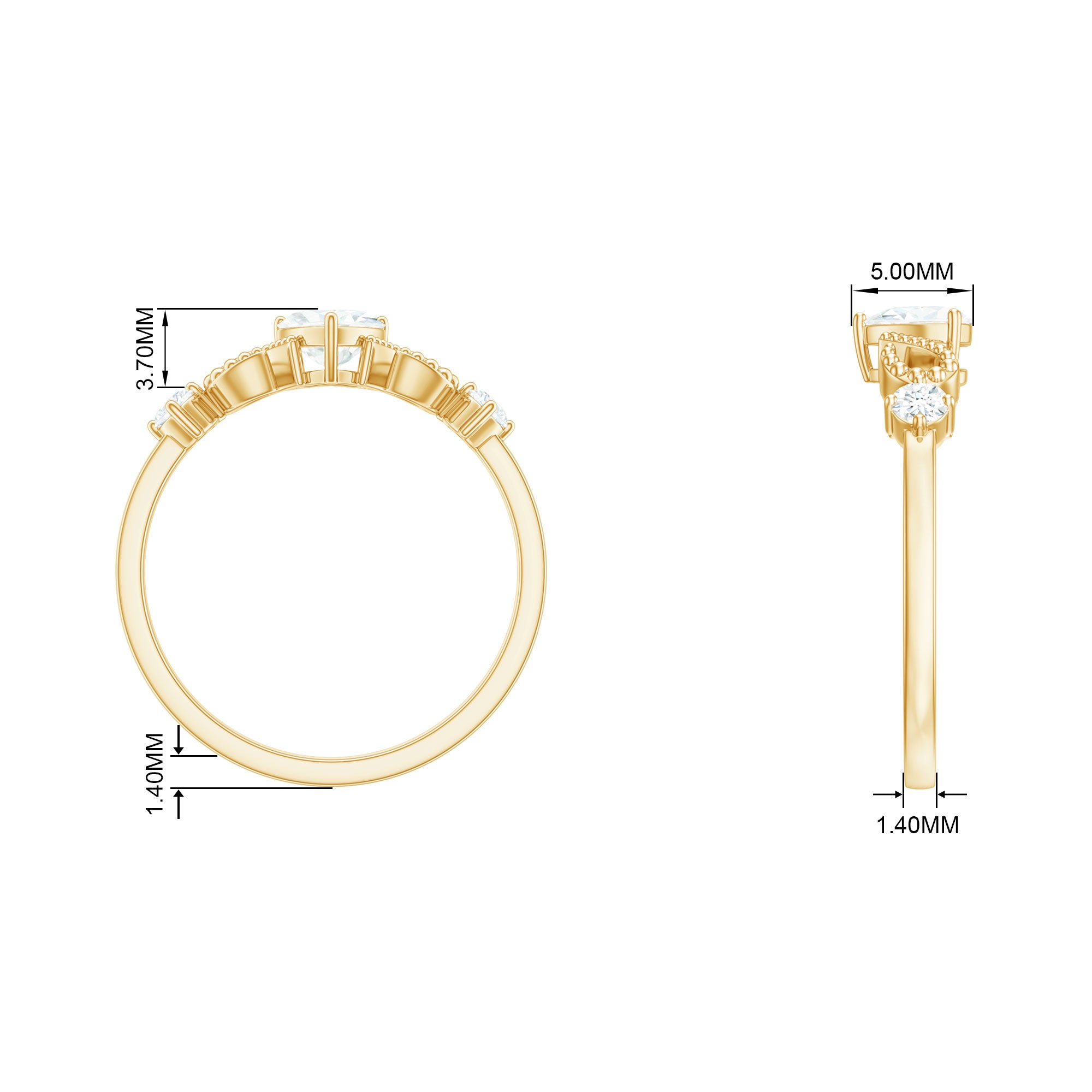 3/4 CT Minimal Zircon Heart Engagement Ring with Gold Beaded Zircon - ( AAAA ) - Quality - Rosec Jewels