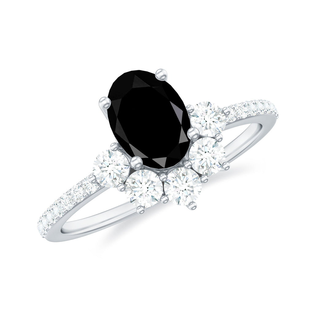 Oval Black Onyx Designer Ring with Diamond Half Halo Black Onyx - ( AAA ) - Quality - Rosec Jewels