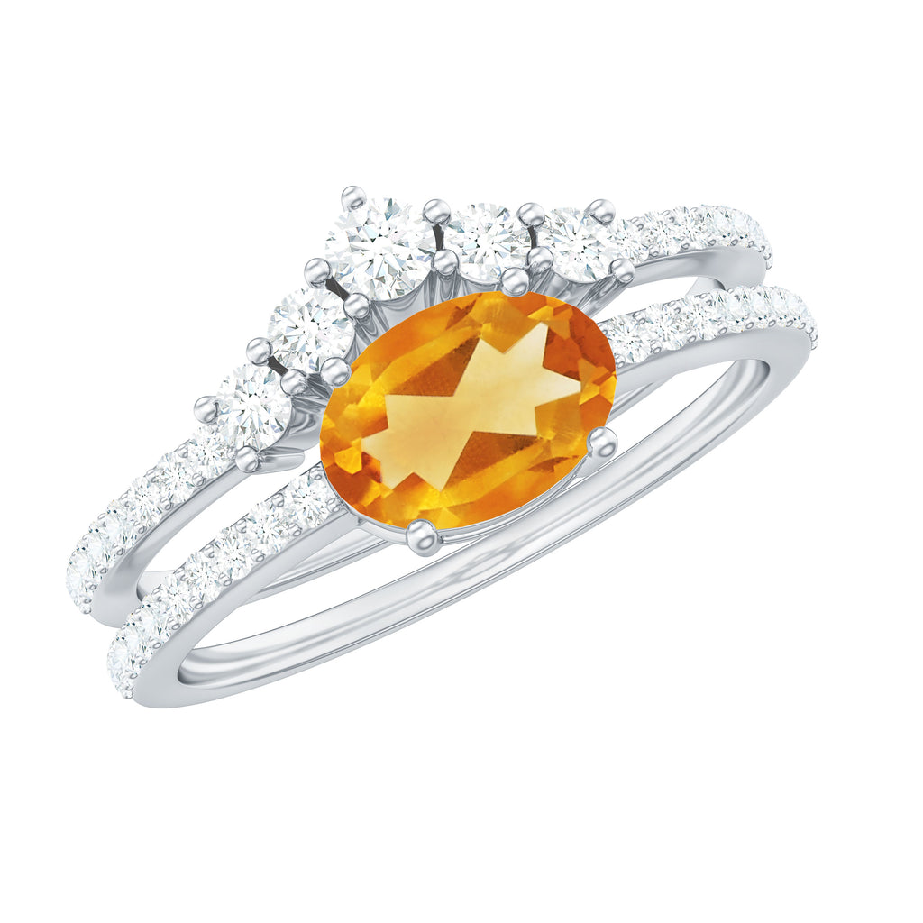 Oval Citrine East West Wedding Ring Set with Moissanite Citrine - ( AAA ) - Quality - Rosec Jewels
