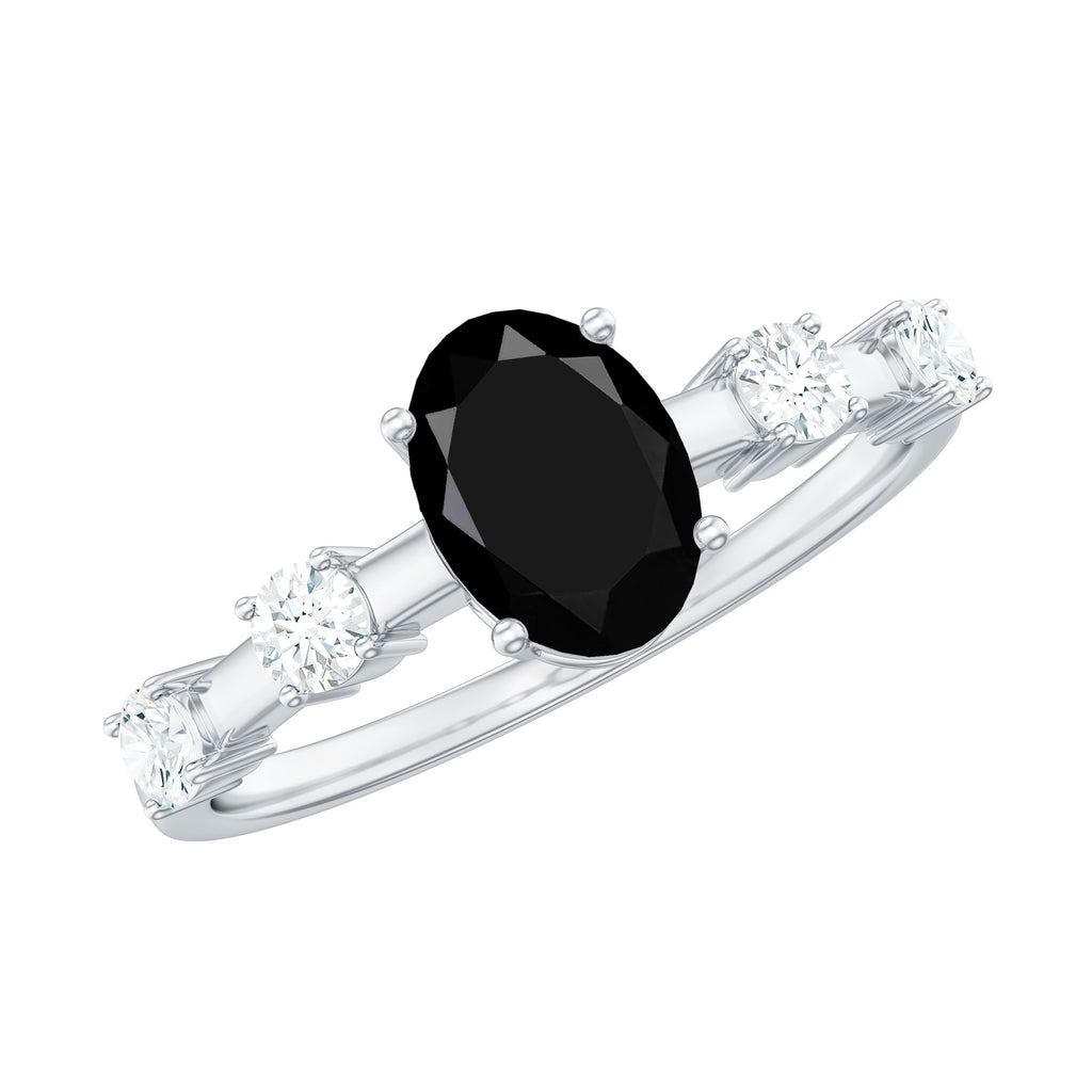 Oval Cut Black Diamond Solitaire Ring with Spaced Diamond Black Diamond - ( AAA ) - Quality - Rosec Jewels