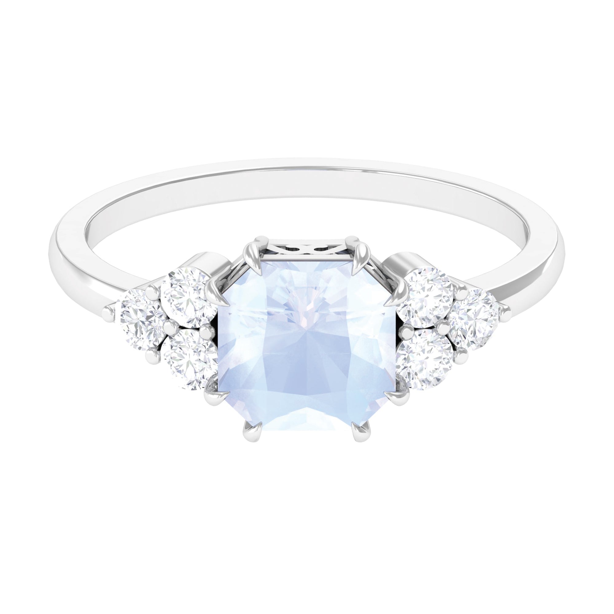 Asscher Cut Moonstone Solitaire Engagement Ring with Diamond Trio Moonstone - ( AAA ) - Quality - Rosec Jewels