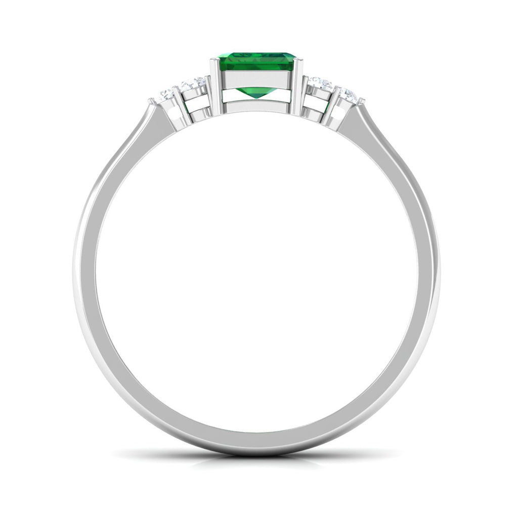 Octagon Created Emerald Solitaire Engagement Ring with Diamond Trio Lab Created Emerald - ( AAAA ) - Quality - Rosec Jewels