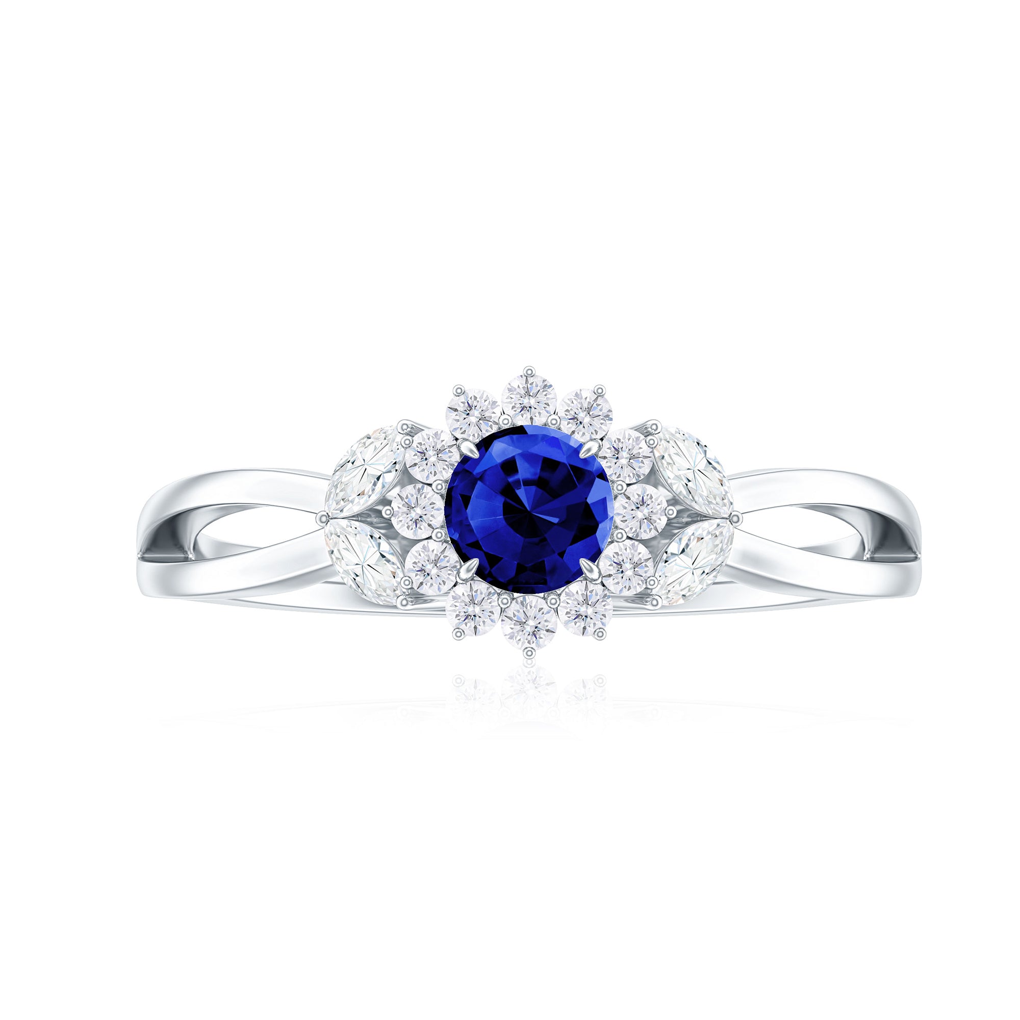 Created Blue Sapphire and Diamond Flower Engagement Ring with Split Shank Lab Created Blue Sapphire - ( AAAA ) - Quality - Rosec Jewels