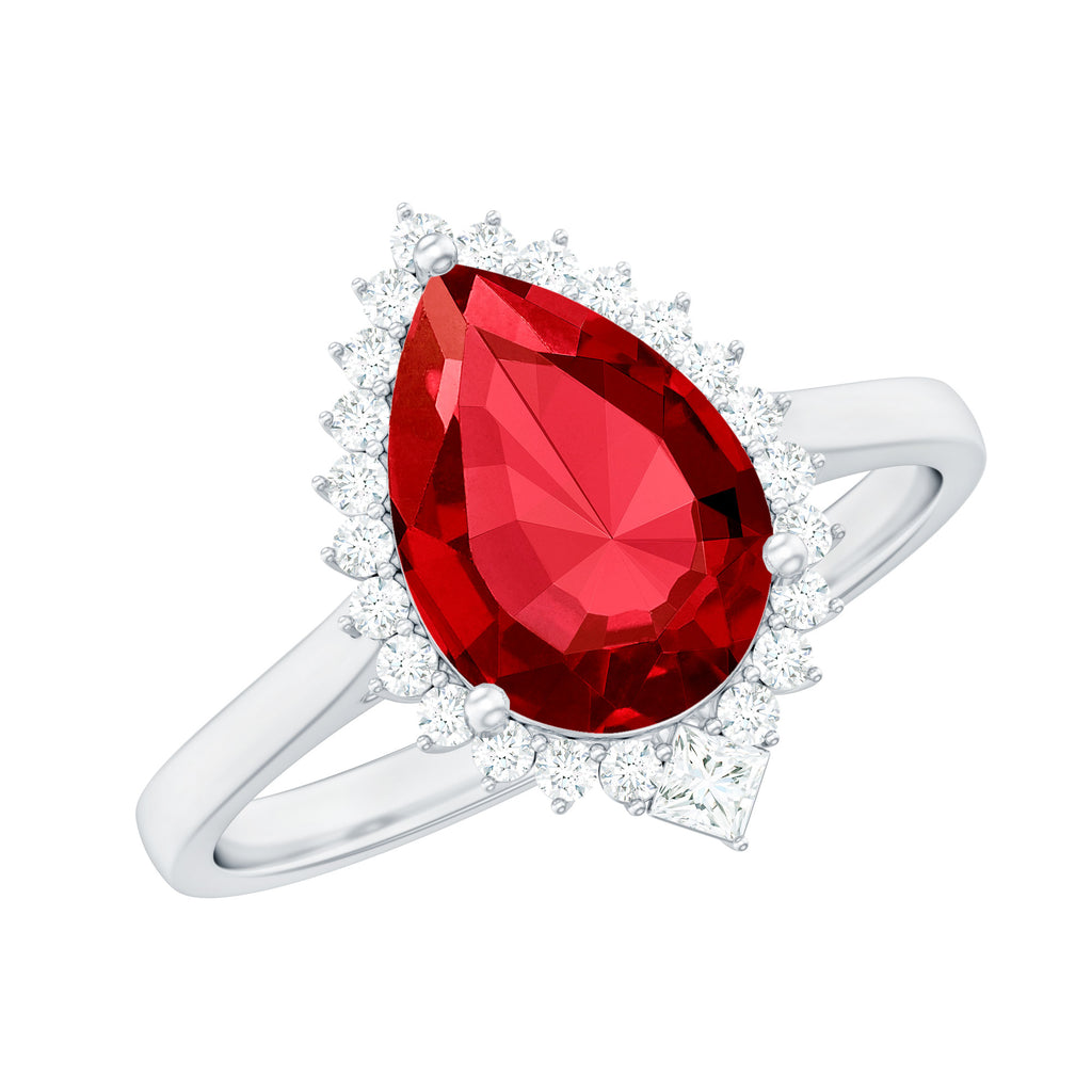 Pear Shaped Created Ruby and Diamond Halo Cocktail Ring Lab Created Ruby - ( AAAA ) - Quality - Rosec Jewels