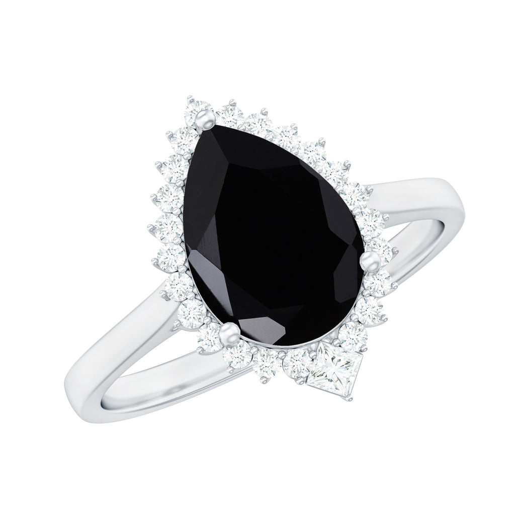 Pear Shaped Black Onyx and Diamond Halo Cocktail Engagement Ring Black Onyx - ( AAA ) - Quality - Rosec Jewels