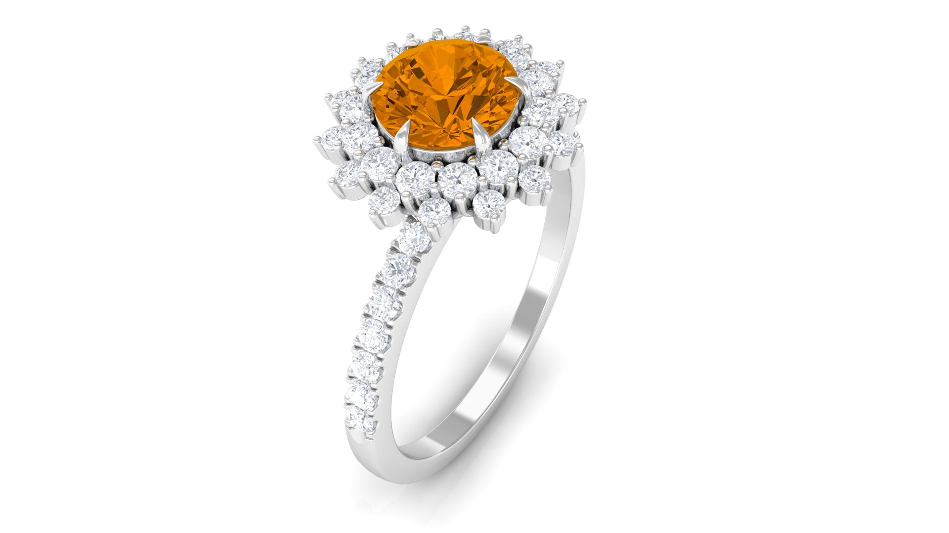 Round Citrine Statement Engagement Ring with Moissanite Cluster Halo Citrine - ( AAA ) - Quality - Rosec Jewels