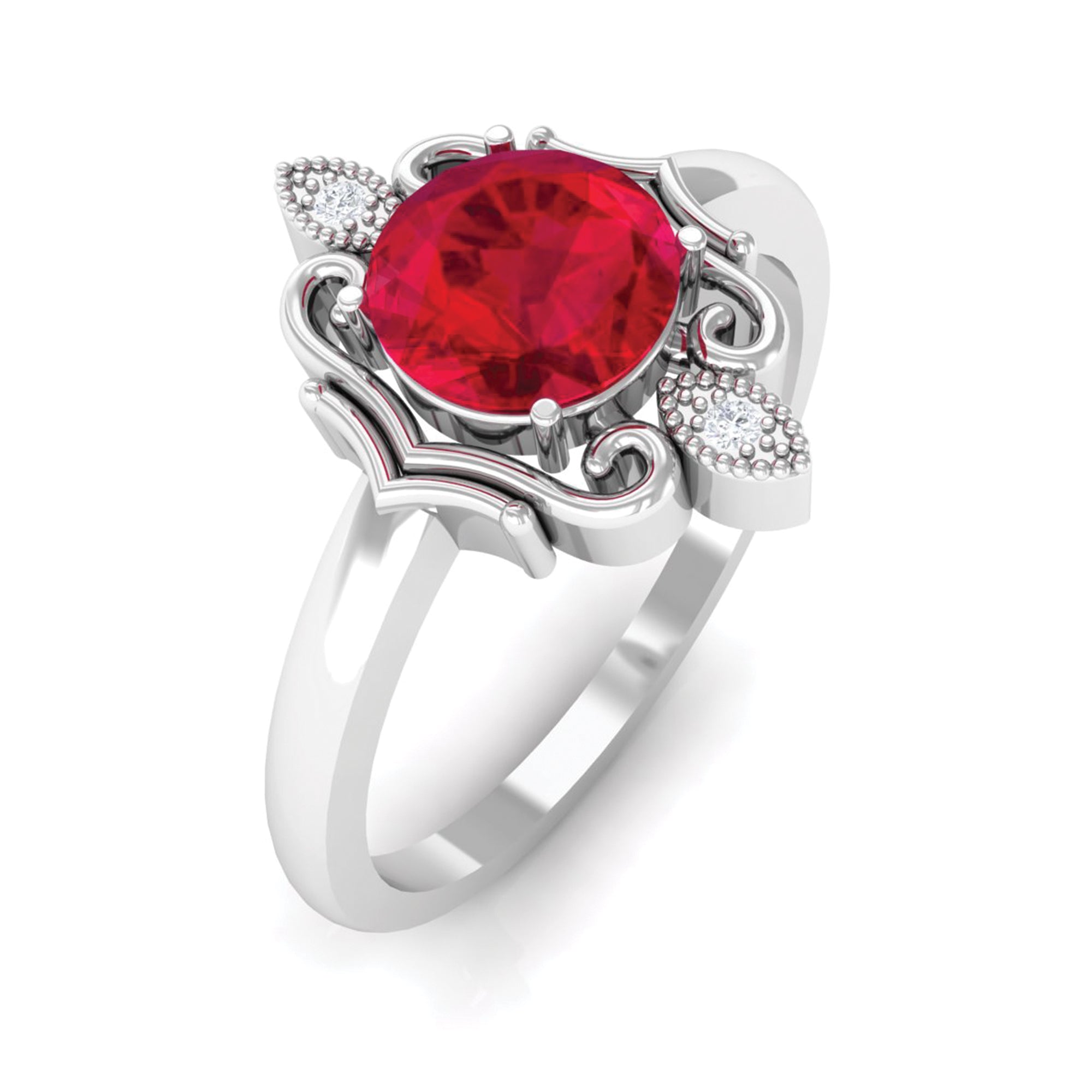 Solitaire Art Deco Ring with Created Ruby and Diamond Lab Created Ruby - ( AAAA ) - Quality - Rosec Jewels