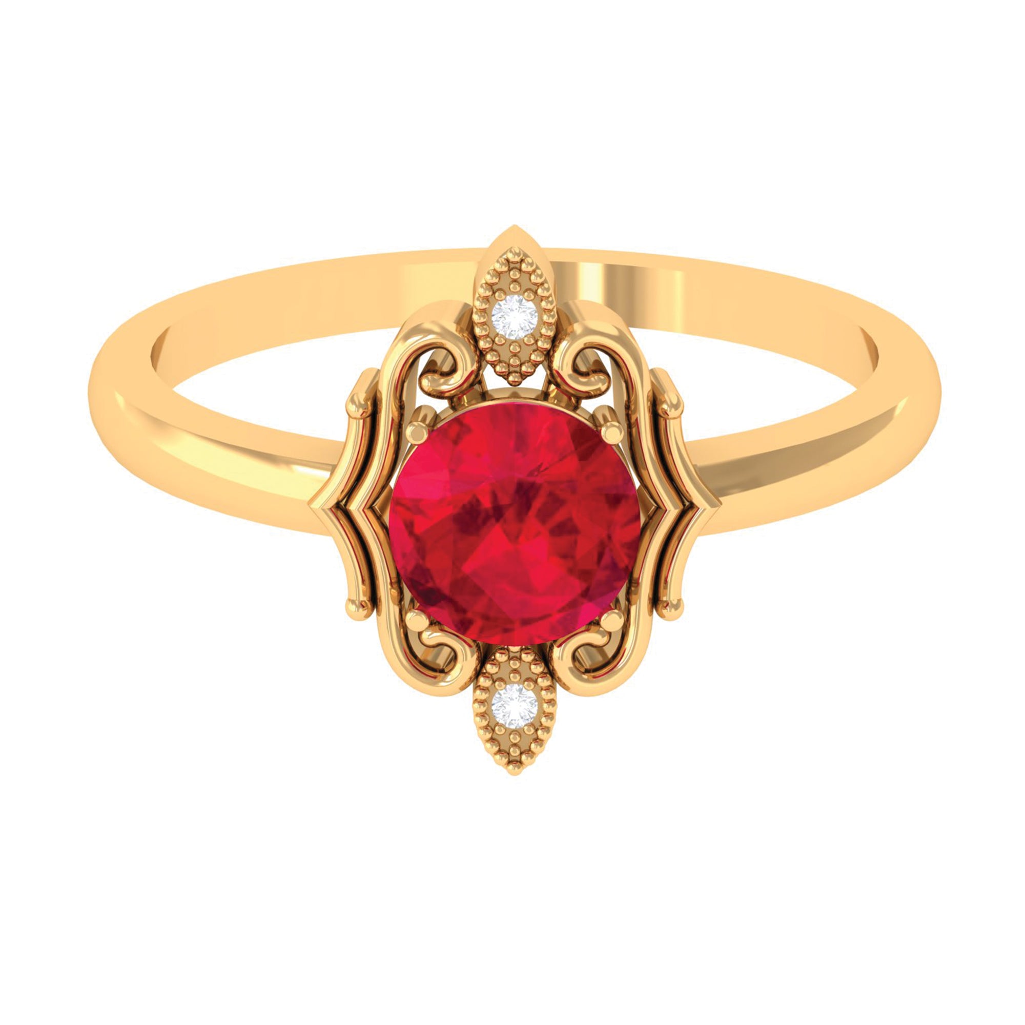 Solitaire Art Deco Ring with Created Ruby and Diamond Lab Created Ruby - ( AAAA ) - Quality - Rosec Jewels