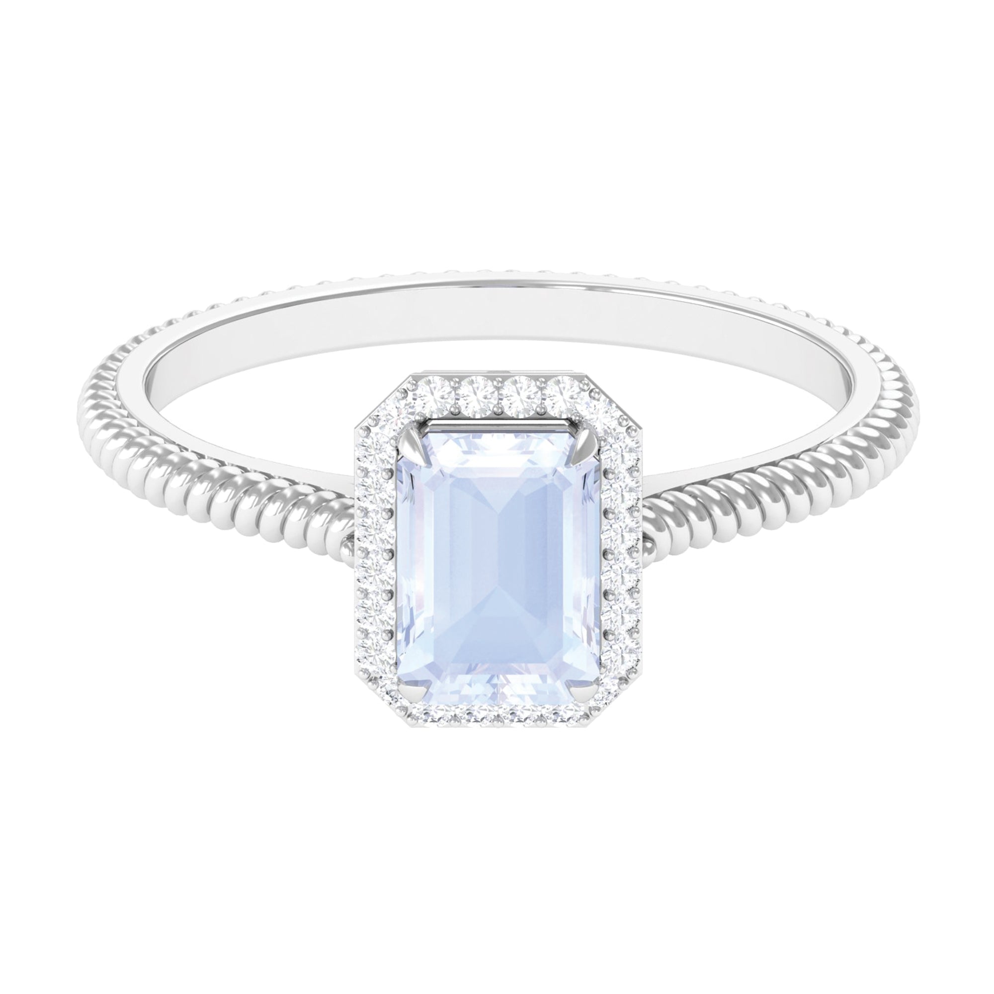 Emerald Cut Moonstone and Diamond Halo Ring Moonstone - ( AAA ) - Quality - Rosec Jewels