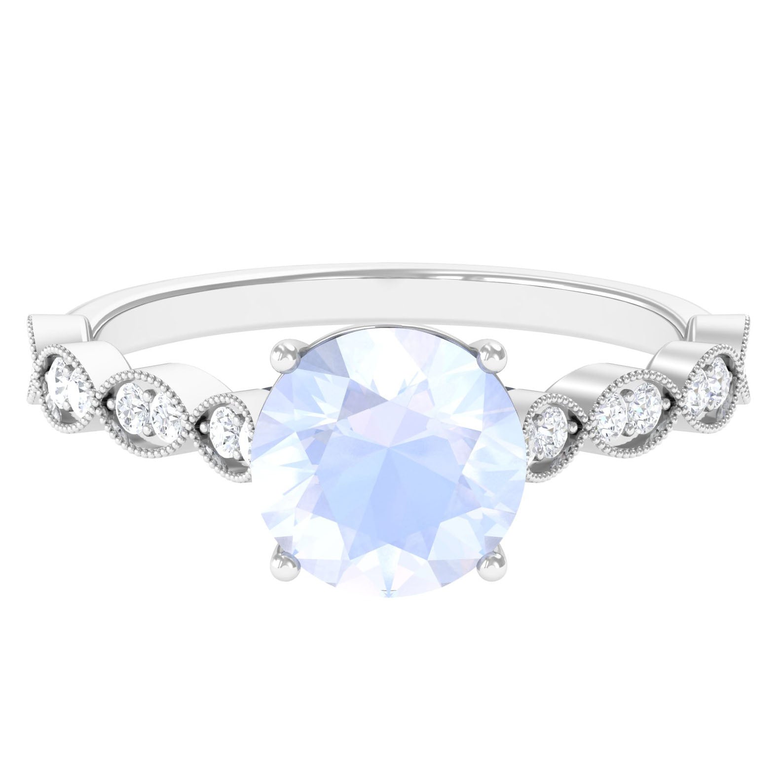 Round Moonstone Solitaire Engagement Ring with Diamond Moonstone - ( AAA ) - Quality - Rosec Jewels