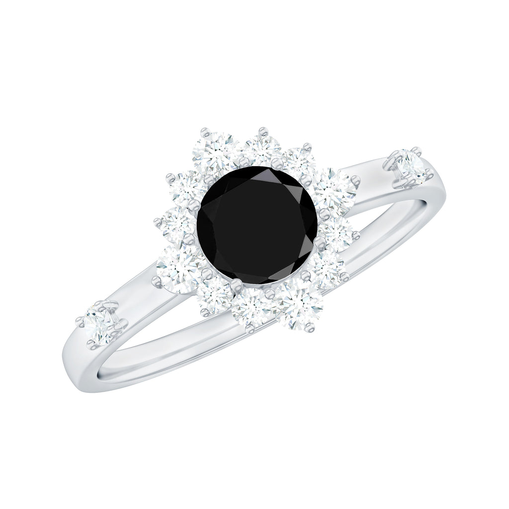 1 CT Round Black Onyx and Diamond Halo Engagement Ring Black Onyx - ( AAA ) - Quality - Rosec Jewels