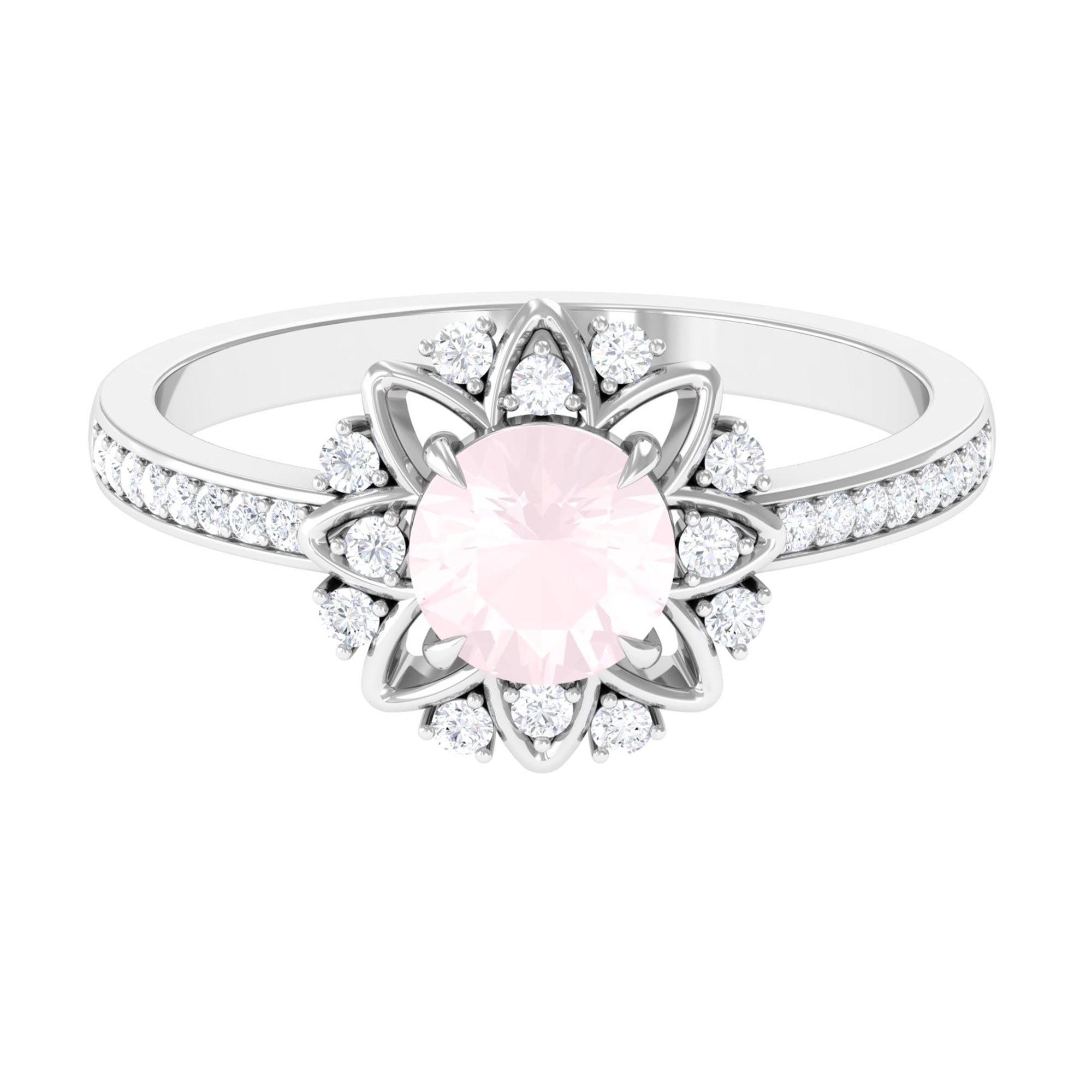 Round Rose Quartz and Diamond Flower Engagement Ring Rose Quartz - ( AAA ) - Quality - Rosec Jewels
