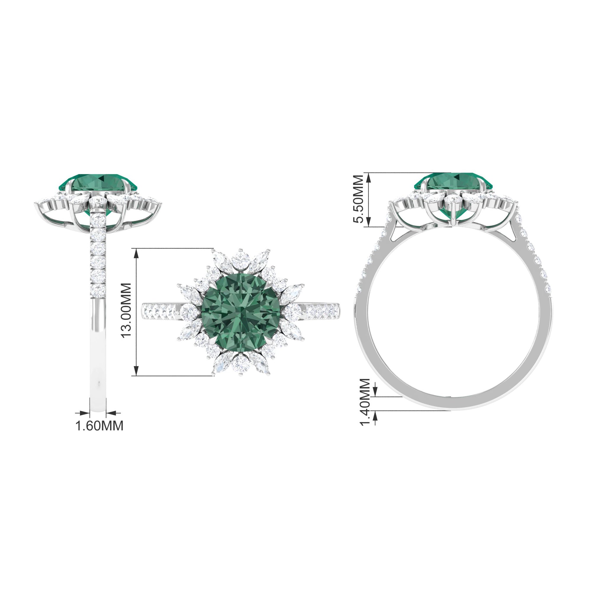 Created Green Sapphire Flower Engagement Ring with Moissanite Lab Created Green Sapphire - ( AAAA ) - Quality - Rosec Jewels