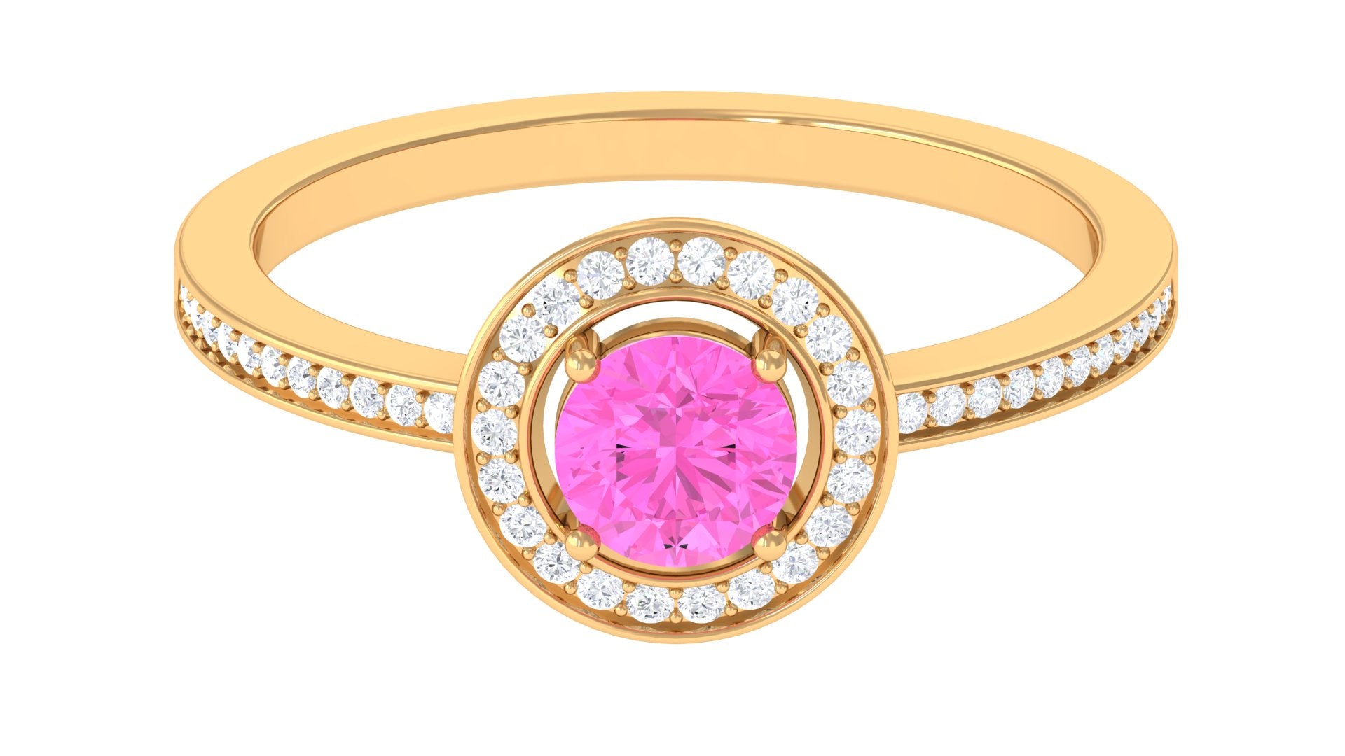 Round Pink Sapphire Floating Halo Engagement Ring with Diamond Pink Sapphire - ( AAA ) - Quality - Rosec Jewels
