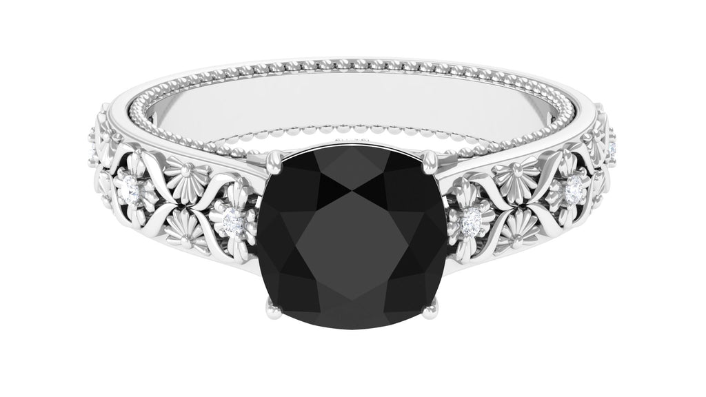 Cushion Cut Solitaire Black Onyx Floral Engagement Ring with Diamond Black Onyx - ( AAA ) - Quality - Rosec Jewels