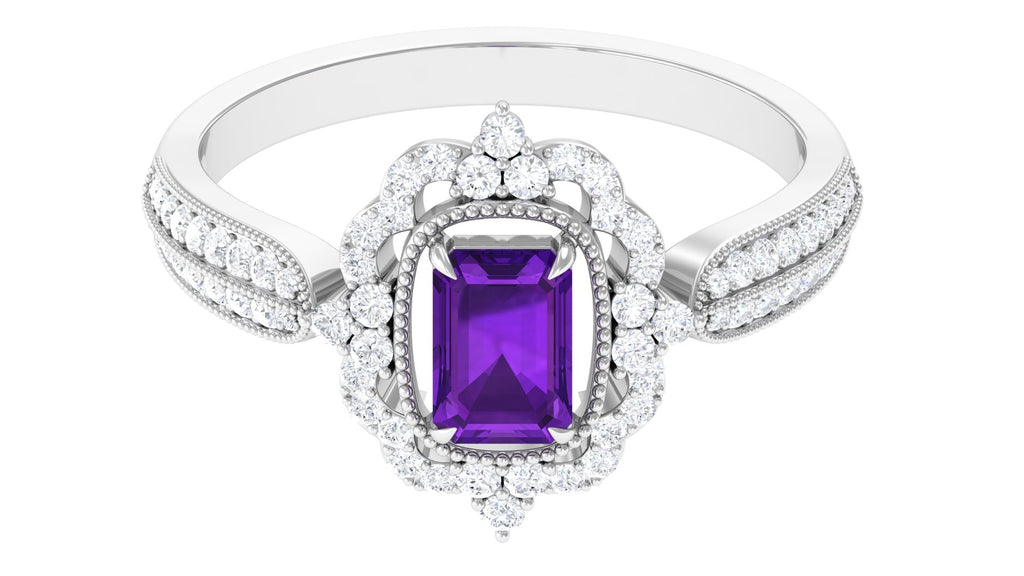 Vintage Style Octagon Amethyst Engagement Ring with Diamond Floral Halo Amethyst - ( AAA ) - Quality - Rosec Jewels