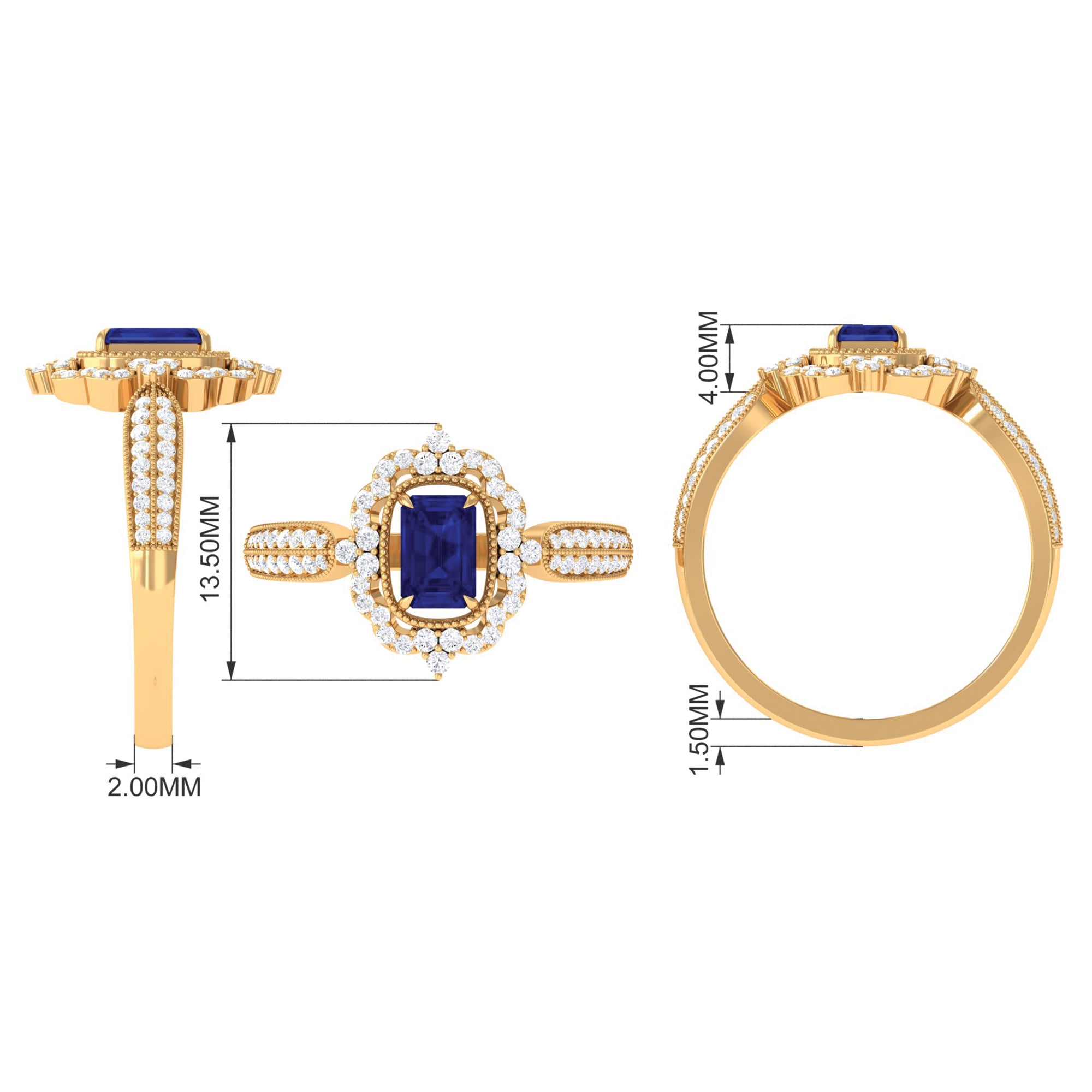 Vintage Style Created Blue Sapphire Engagement Ring with Diamond Floral Halo Lab Created Blue Sapphire - ( AAAA ) - Quality - Rosec Jewels