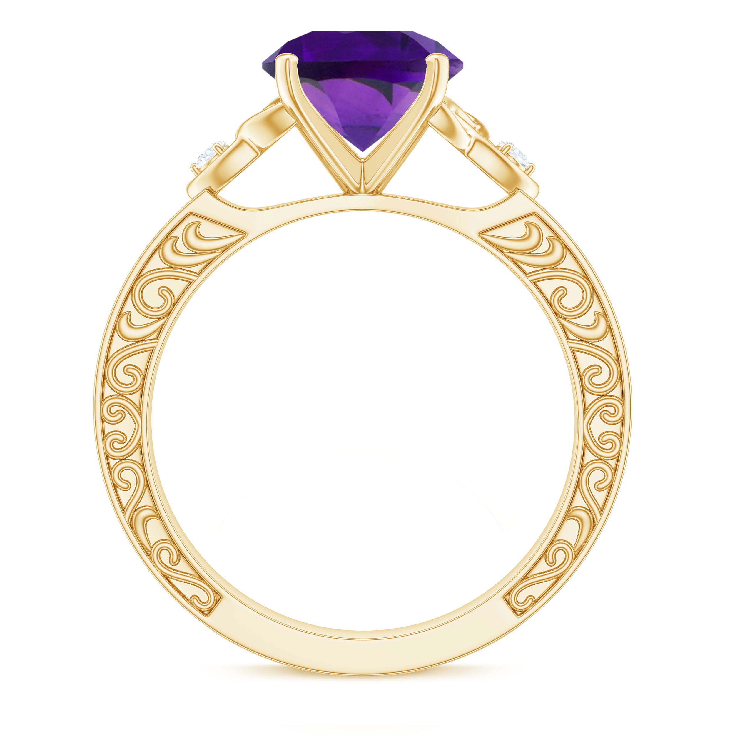 Solitaire Amethyst Celtic Knot Ring with Diamond Amethyst - ( AAA ) - Quality - Rosec Jewels