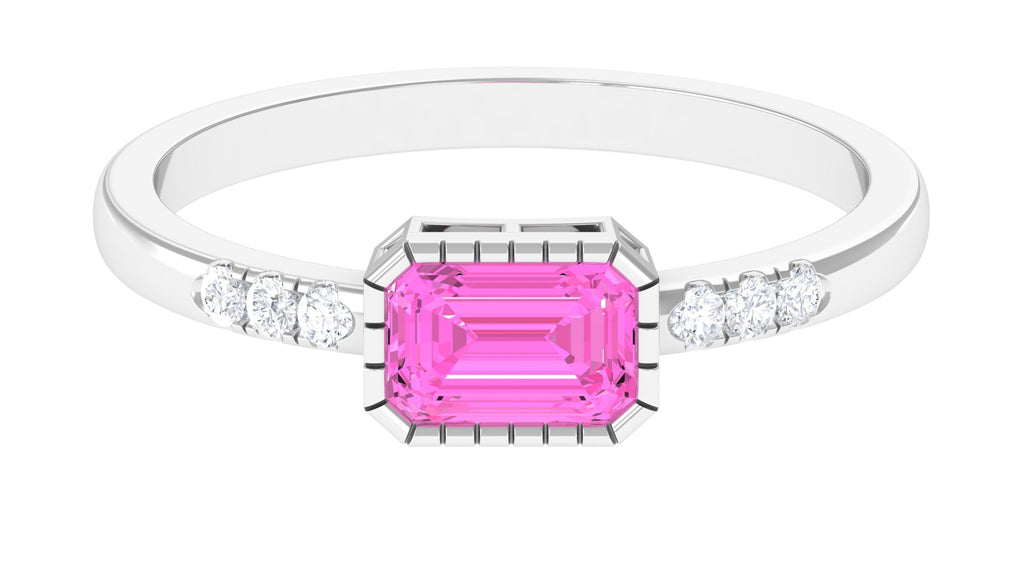 Emerald Cut Pink Sapphire East West Engagement Ring with Diamond Pink Sapphire - ( AAA ) - Quality - Rosec Jewels
