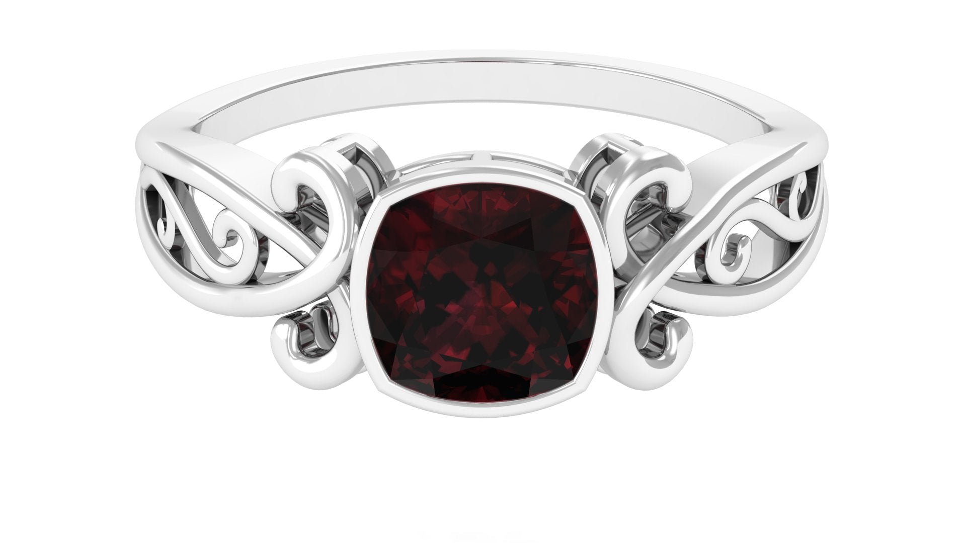 Vintage Style Cushion Garnet Solitaire Ring in Bezel Setting Garnet - ( AAA ) - Quality - Rosec Jewels