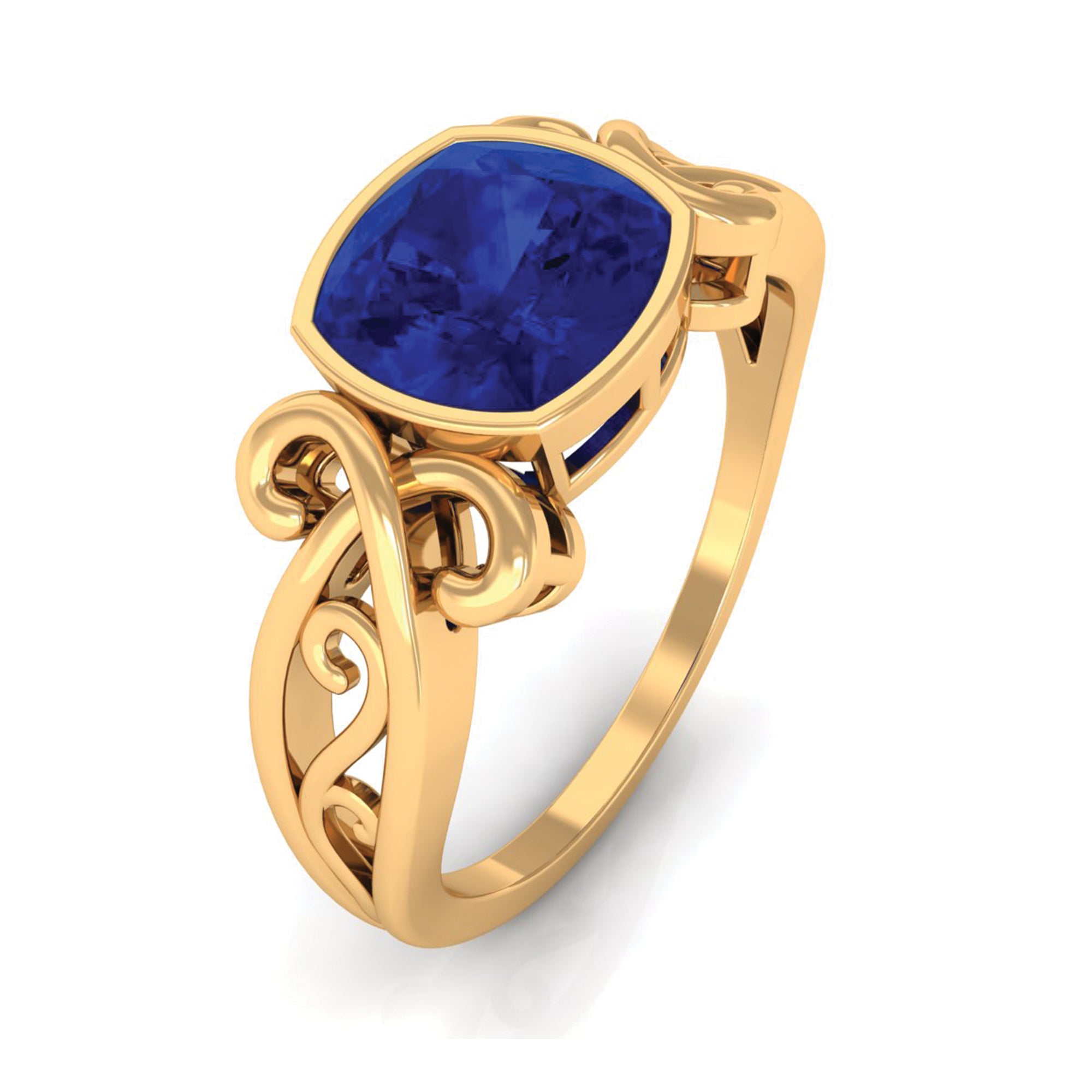 Vintage Style Created Blue Sapphire Solitaire Engagement Ring in Bezel Setting Lab Created Blue Sapphire - ( AAAA ) - Quality - Rosec Jewels