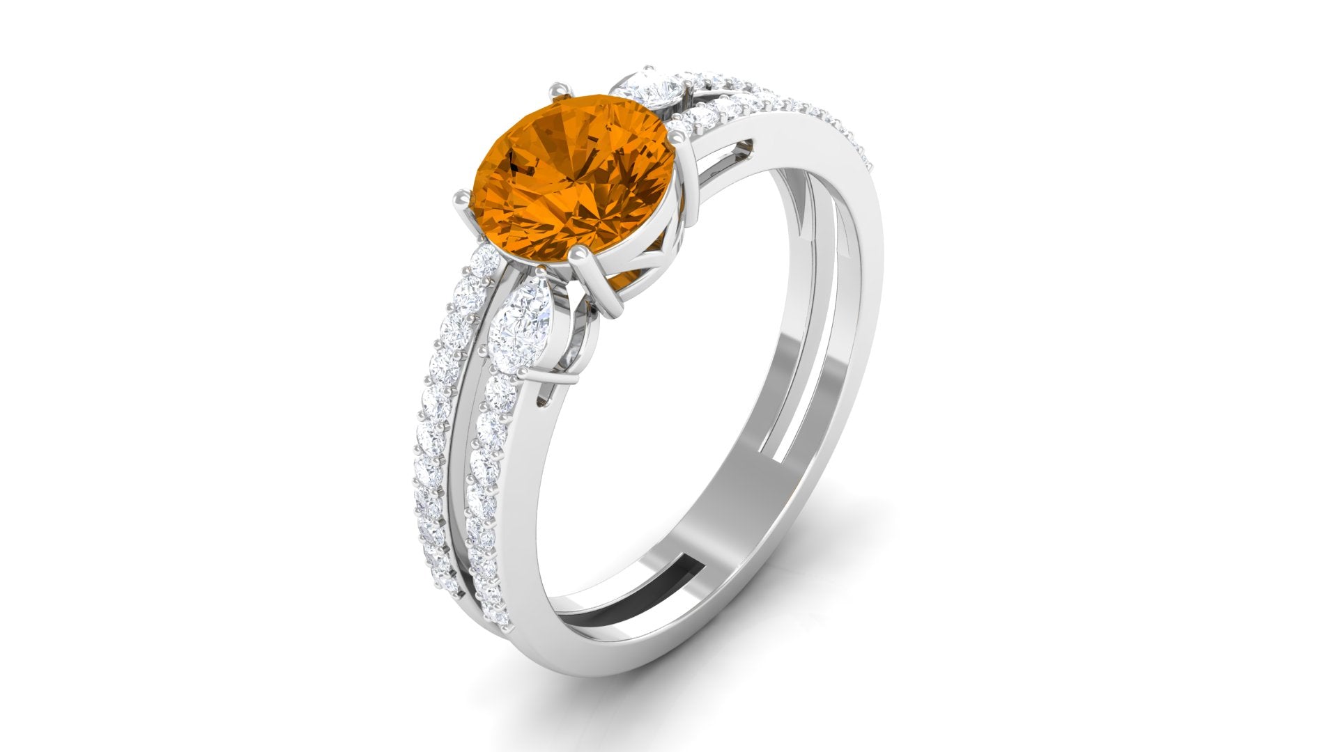 Solitaire Citrine Double Band Engagement Ring with Diamond Citrine - ( AAA ) - Quality - Rosec Jewels