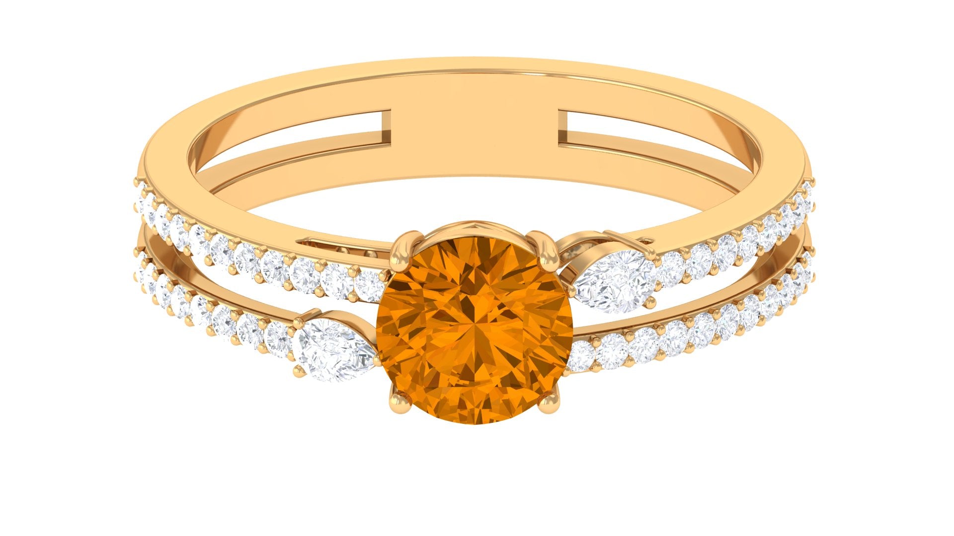 Solitaire Citrine Double Band Engagement Ring with Diamond Citrine - ( AAA ) - Quality - Rosec Jewels