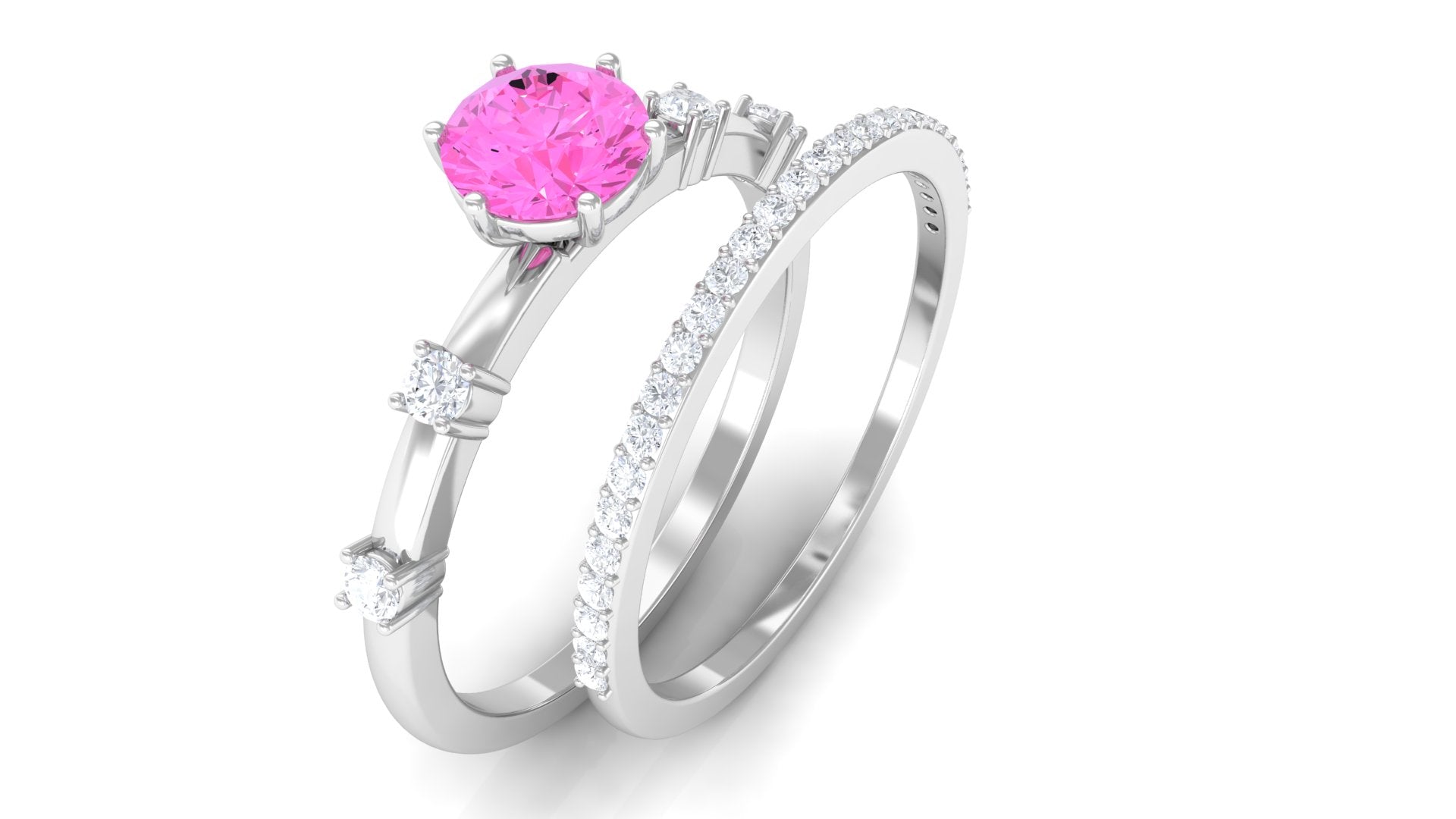 Round Pink Sapphire and Diamond Simple Ring Set Pink Sapphire - ( AAA ) - Quality - Rosec Jewels